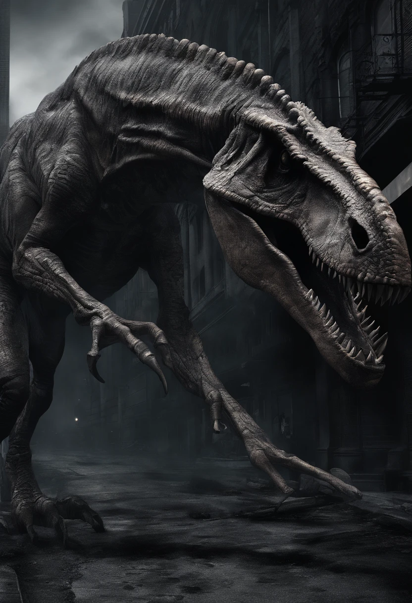 Real Tyrannosaurus rex,Giant Tyrannosaurus rex,On the street,Real street background,废墟