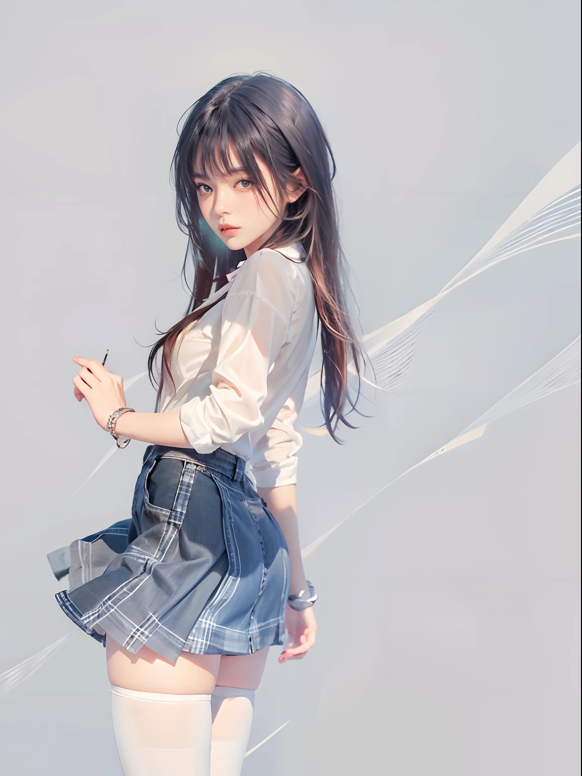 ((masterpiece, best_quality)), 1girl, (photorealistic:1.4), solo, white_background, black_hair, long_hair, zettai_ryouiki, skirt, ((full_body)),