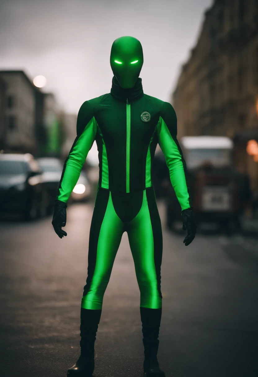 portrait of green allien standing in the middle of a street