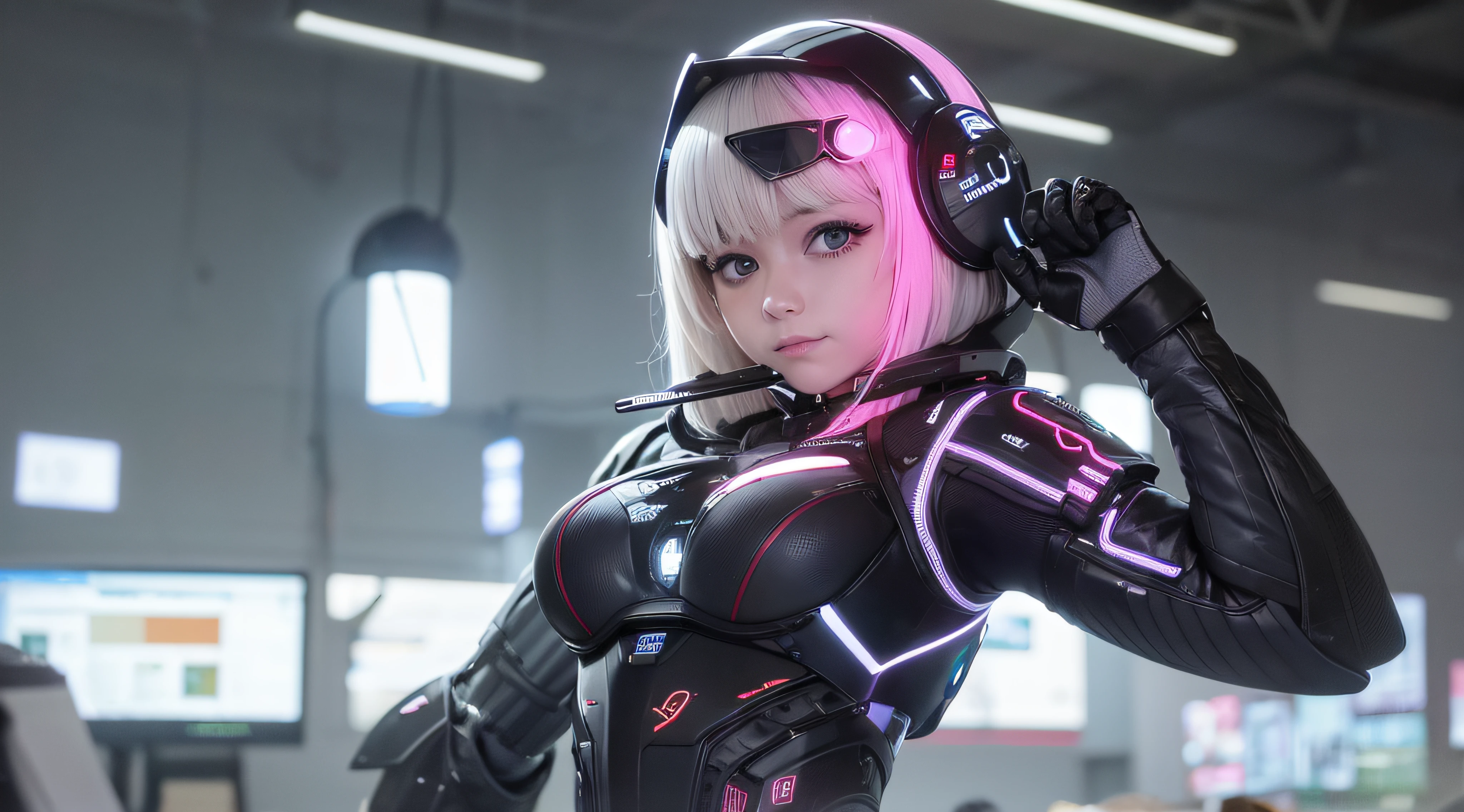 Cybergirl, electronic body parts, normal, arbeitet, konzentriert, an Maschienen, Lase, leuchtende Augen, Crome Body, detailed body, in einer Halle, Roboter, Cybermenschen, Cyberpunk, Motoren, Overvoltage, Verschwommener Hintergrund, Dampf, Mototröl, verschmiert, Autowracks, Schrot, Teile, Reifen, Werkzeuge, Beleuchtung dunkel, Neonlicht, Stromschwankungen, Funken, Alter Wracks, Motoräder,