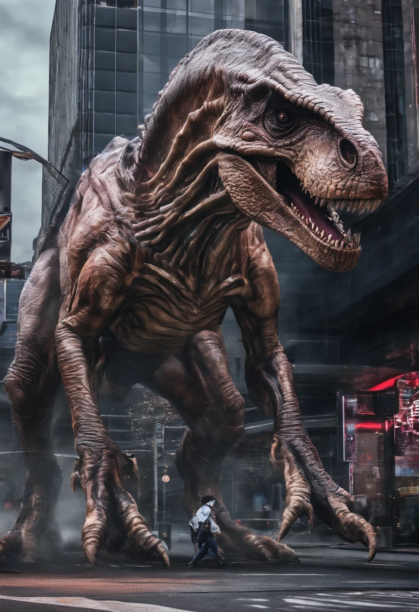 Real Tyrannosaurus rex,Giant Tyrannosaurus rex,On the street,Real street background,废墟