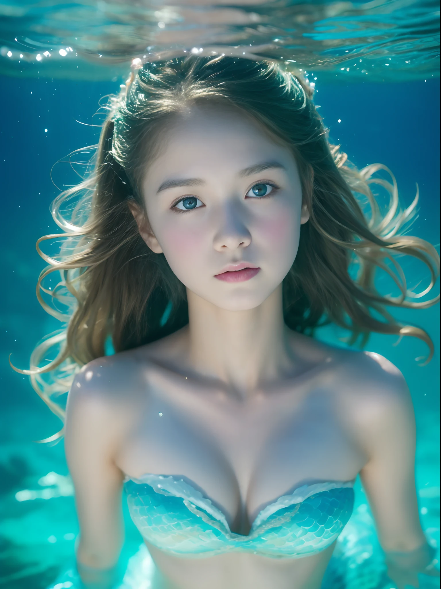 8K、Girl dressed as a mermaid Underwater - Sea、mermaid、-yeld beiful girl、Slightly baby-face
