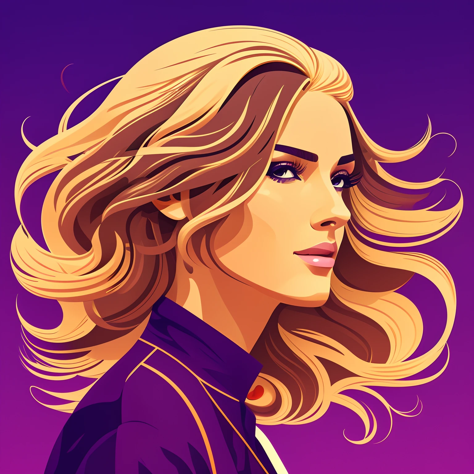 Malika favre vector art, elegant woman, windy light brown blonde thin hair, beautiful face, jacket, profile, slim, fashion, flirty, purple, orange color, gracefulness, modern art