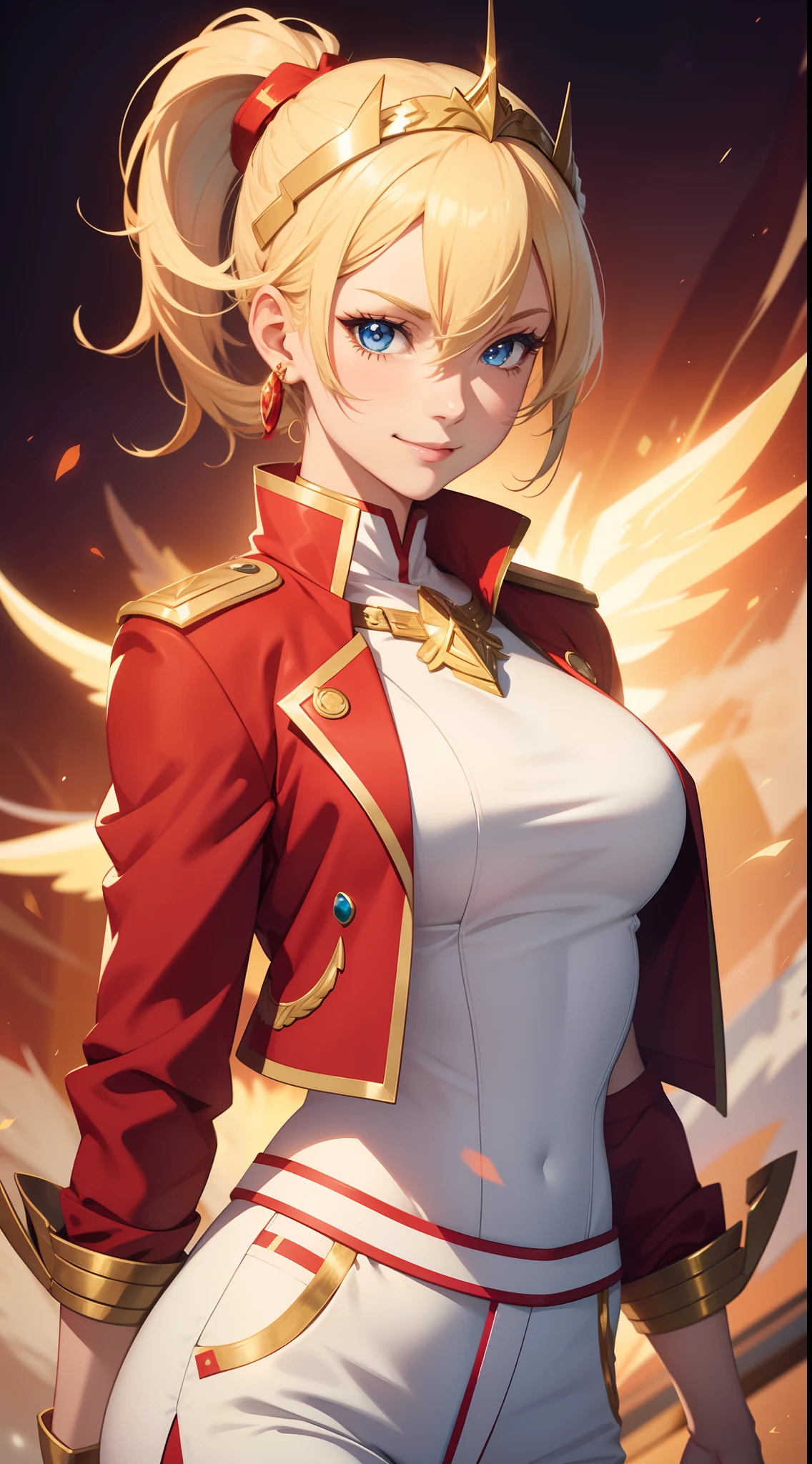 adult girl, short blonde hair, high ponytail, blue eyes, Smile, red jacket, white pants, diadem, Gold Elements, She-ra, Masterpiece, hiquality, 4k, HD, Good detail