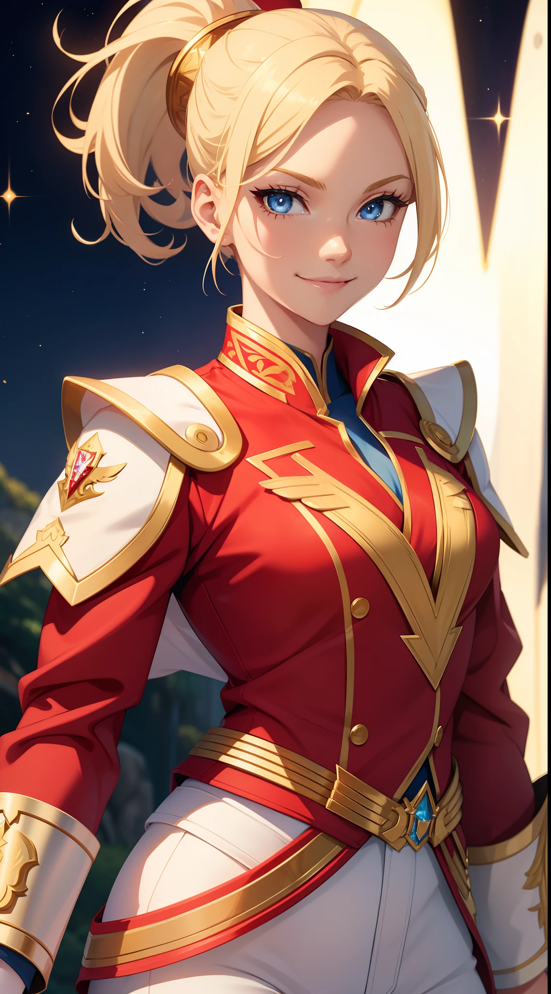 adult girl, short blonde hair, high ponytail, blue eyes, Smile, red jacket, white pants, diadem, Gold Elements, She-ra, Masterpiece, hiquality, 4k, HD, Good detail