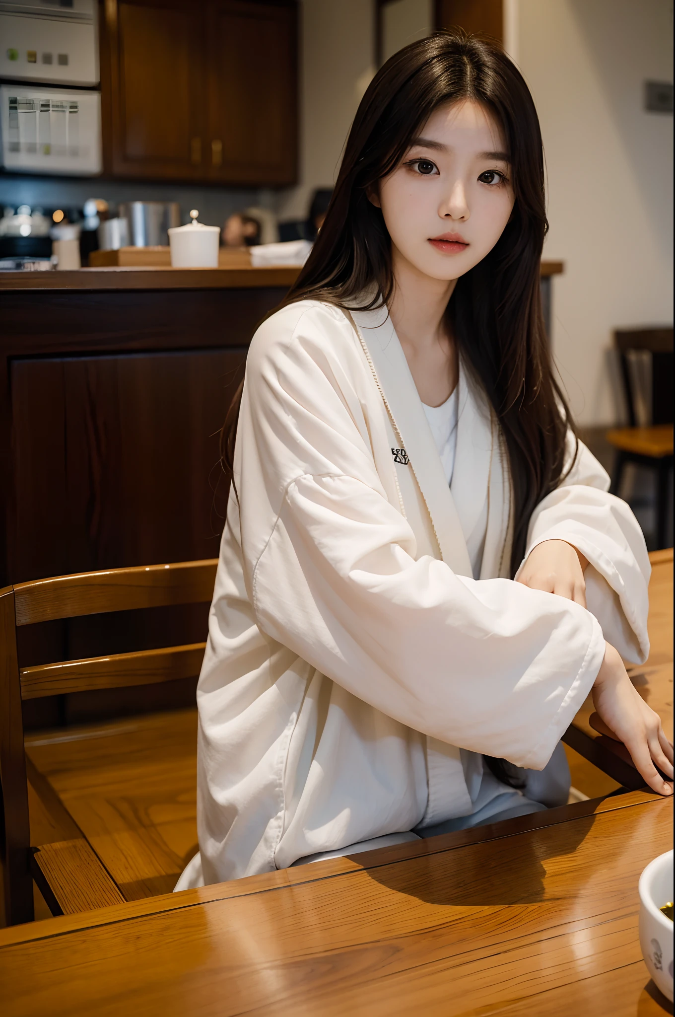 there is a woman with long hair sitting at a table, wan adorable korean face, shot on nikon z9, young adorable korean face, portrait of female korean idol, she has a cute expressive face, young cute wan asian face, captured on canon eos r 6, she has a cute face, shot on canon eos r 5, shot on canon eos r5