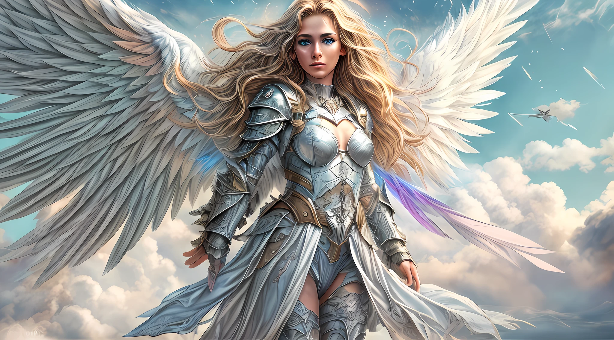 high details, best quality, 16k, [ultra detailed], masterpiece, best quality, dynamic angle, ultra wide shot, RAW, photorealistic, fantasy art, realistic art, a picture of an archangel flying in a the sky between the clouds, fantasy art, RPG art, a full distance shot, full body, an epic beautiful female archangel, blond hair, long hair, (wavy hair: 1.2), (blue eyes: 1.2), intense eyes (best detailed face: 1.3), (ultra feminine: 1.3) spread angelic wings angel_wings, (rainbow colored wings: 1.5) wearing heavy armor, (with glowing divine sigils: 1.2), light clouds in the background, a n epic (rainbow: 1.5) between the clouds, 16k, ultra detailed, masterpiece, best quality, ultra detailed, full body, ultra wide shot, photorealistic,