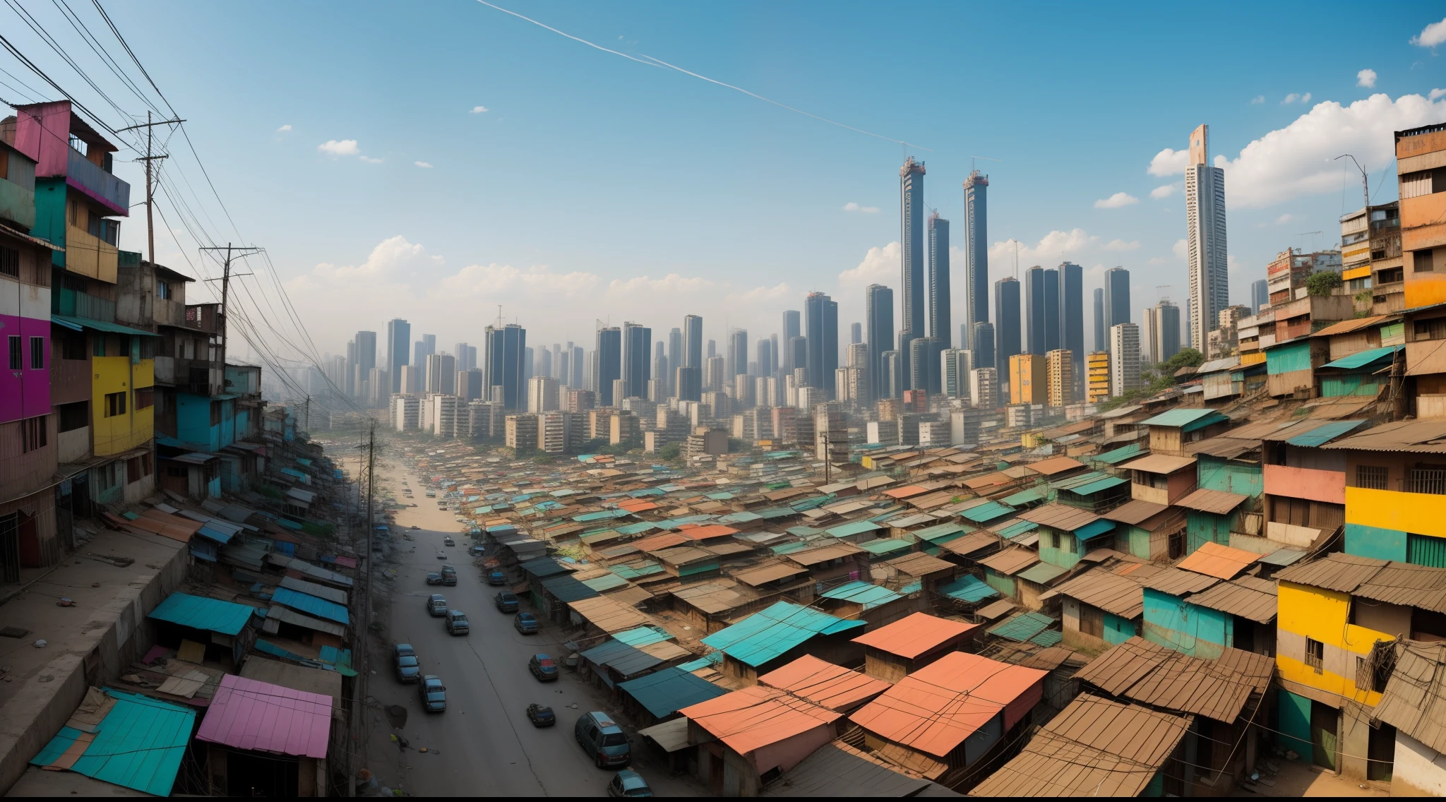 Low angle, Pakistani, Colorful buildings in the city, favela, Gorgeous slum setting, Sao Paulo Slum, Nearby slums,In the distance are futuristic high-rises