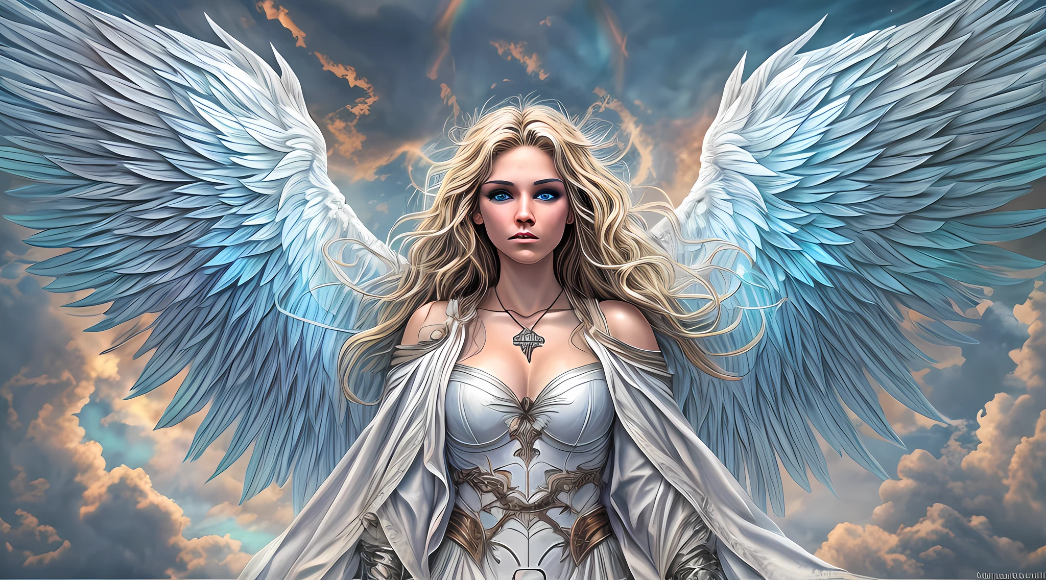high details, best quality, 16k, [ultra detailed], masterpiece, best quality, dynamic angle, ultra wide shot, RAW, photorealistic, fantasy art, realistic art, a picture of an archangel flying in a the sky between the clouds, fantasy art, RPG art, a full distance shot, full body, an epic beautiful female archangel, blond hair, long hair, (wavy hair: 1.2), (blue eyes: 1.2), intense eyes (best detailed face: 1.3), (ultra feminine: 1.3) spread angelic wings angel_wings,  (rainbow highlights rainbow colored wings: 1.5) wearing heavy armor, (with glowing divine sigils: 1.2), light clouds in the background, a n epic (rainbow: 1.5) between the clouds, 16k, ultra detailed, masterpiece, best quality, ultra detailed, full body, ultra wide shot, photorealistic,