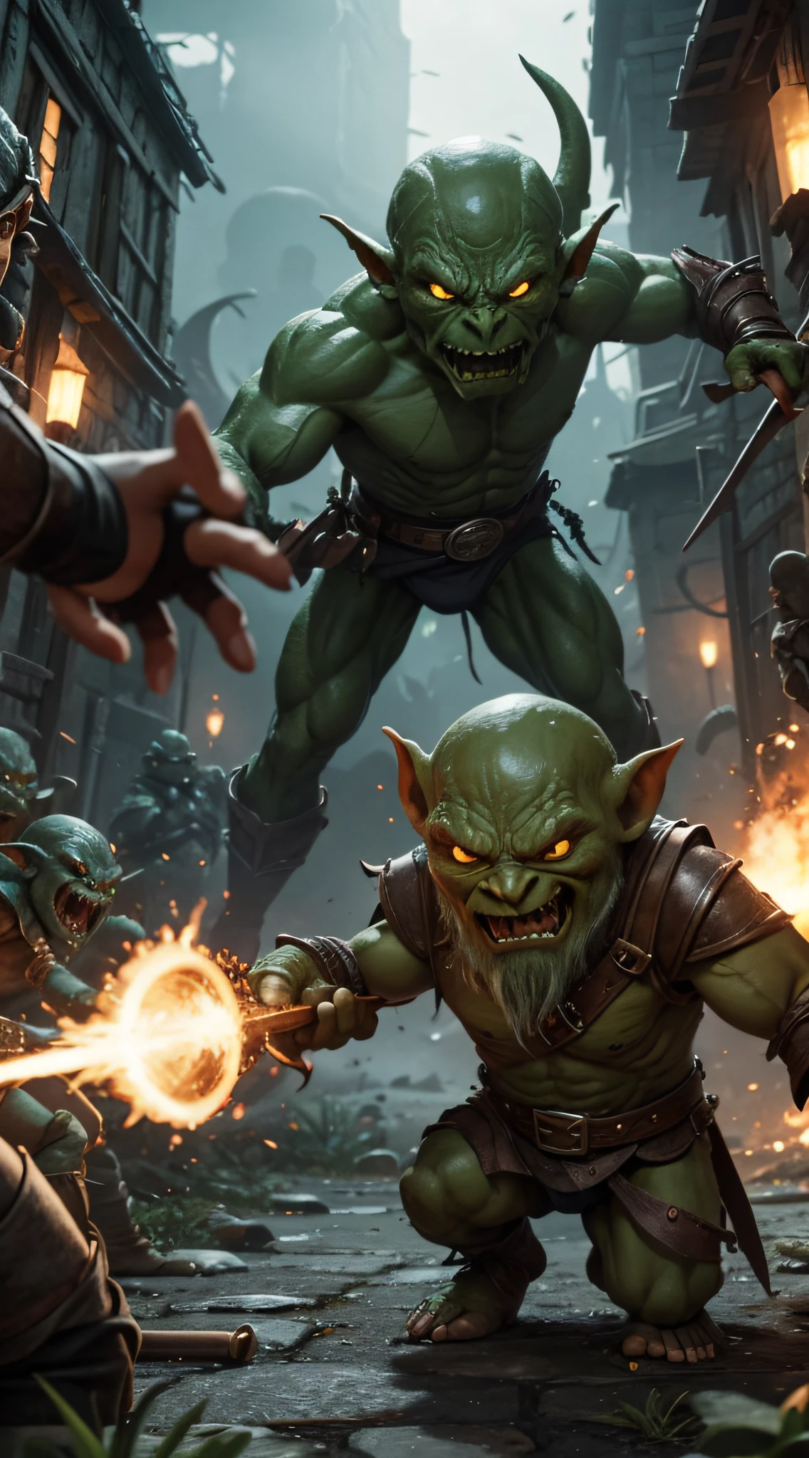 Create an image of goblins and humans engaged in a secret battle for control over a global organization
