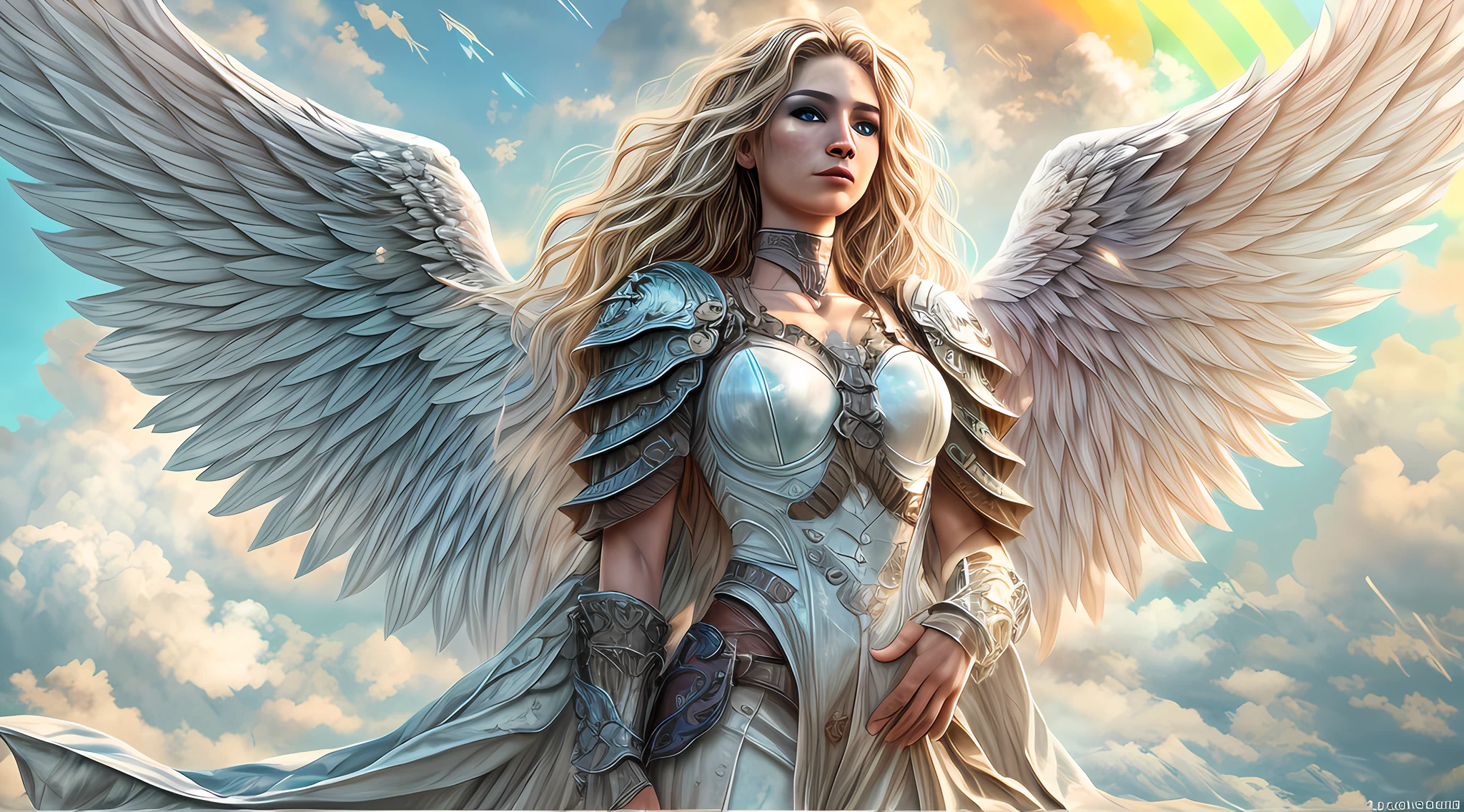 high details, best quality, 16k, [ultra detailed], masterpiece, best quality, dynamic angle, ultra wide shot, RAW, photorealistic, fantasy art, realistic art, a picture of an archangel flying in a the sky between the clouds, fantasy art, RPG art, a full distance shot, full body, an epic beautiful female archangel, blond hair, long hair, (wavy hair: 1.2), (blue eyes: 1.2), intense eyes (best detailed face: 1.3), (ultra feminine: 1.3) spread angelic wings angel_wings,  (rainbow highlights rainbow colored wings: 1.5) wearing heavy armor, (with glowing divine sigils: 1.2), light clouds in the background, a n epic (rainbow: 1.5) between the clouds, 16k, ultra detailed, masterpiece, best quality, ultra detailed, full body, ultra wide shot, photorealistic,