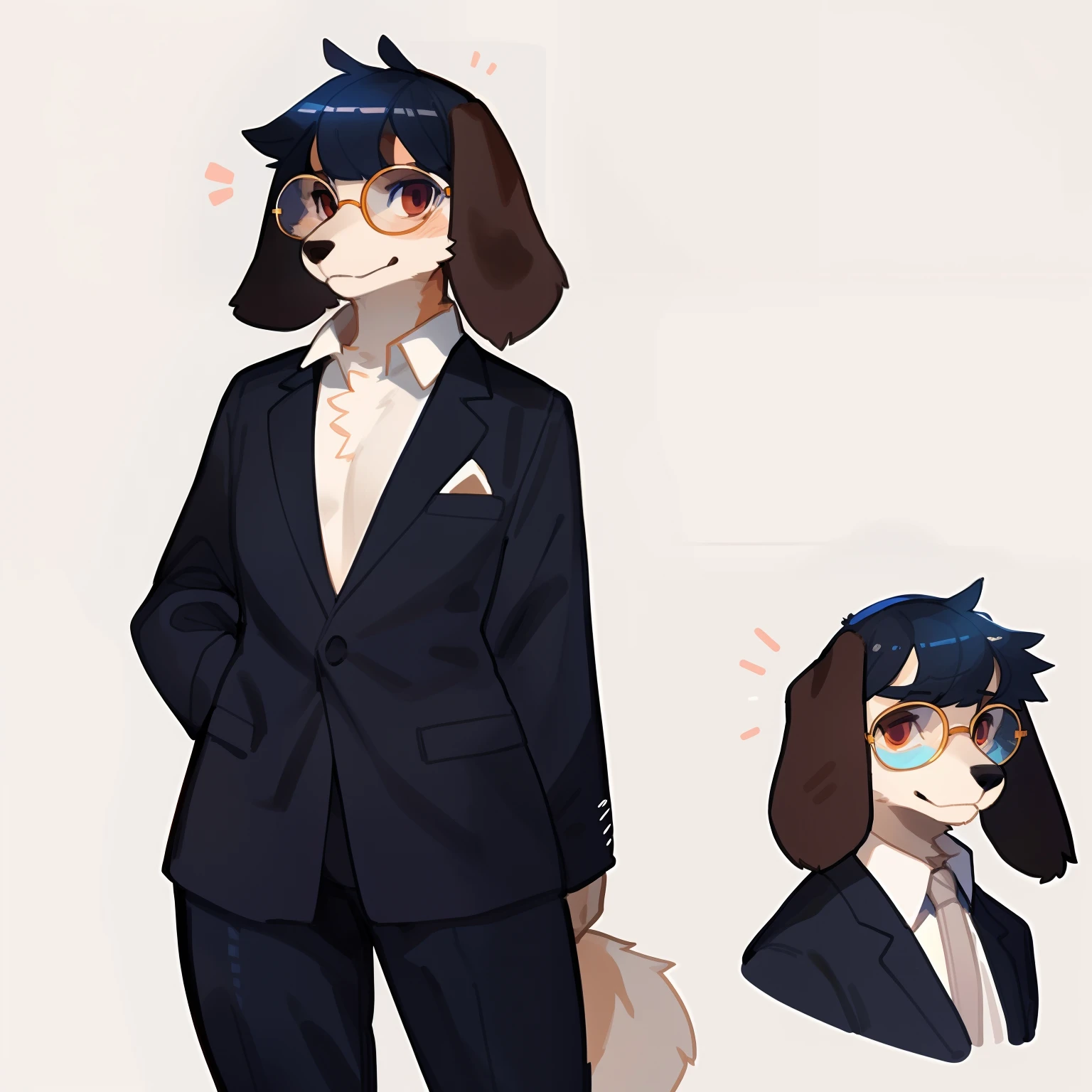 By bigcozyorca, by bebebebebe, by buta99, solo, female, (hair bangs), canine, shiny metallic glasses, opaque glasses, nervous, floppy ears, flat chest, curvy, dark maroon suit, standing