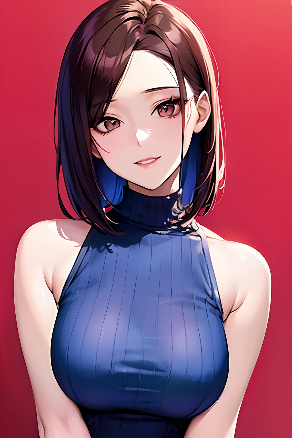 (masutepiece, Highest Quality), Beautiful and aesthetic, 1womanl, Idol, Elegant, (25 years old), Portrait, lightsmile, (Sleeveless knitwear), Entire upper body, Simple background,