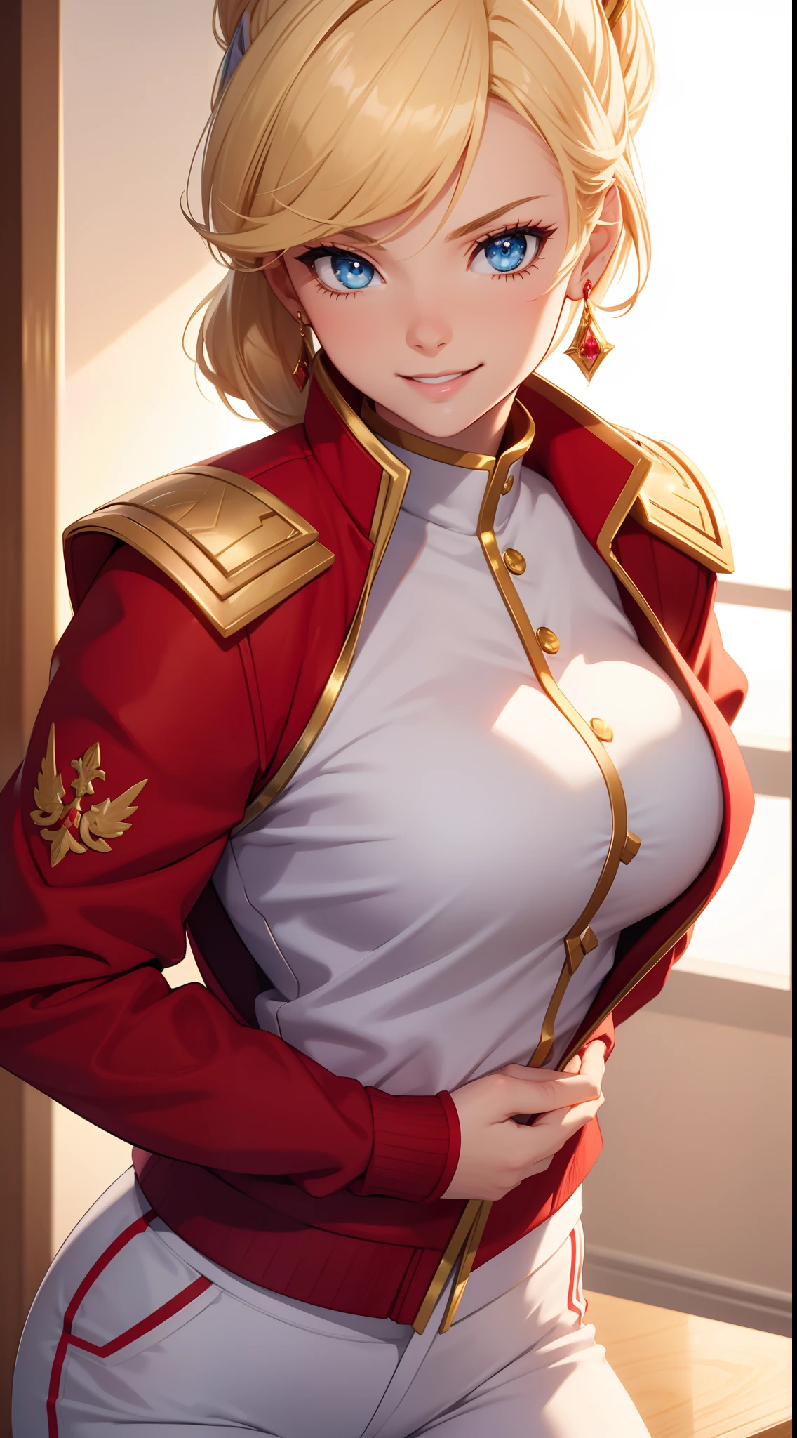 8k(White military uniform, White military uniform:1.5  )
Masterpiece(woman,Huge breasts,Huge breasts:1.５,とても唇が赤いHuge breastsを強調,Big Ass,Narrow waist,Long legs,Green Eyes Standing)
8k((Anime Style,Henyohe 8k((Anime Style,A sloppy smile,What we are looking for,Face mischievous face,The facial expression is accurate:1.1))))
8k(Staring at me)
8k((Focus on the face))
8k(The facial expression is accurate)
8k(きれいなwoman)
8k(Tight fit)
8k(Model standing)
(Red face)
8k((Right hand salute:1.3))
8k(Long blonde hair,The facial expression is accurate:1.1)
