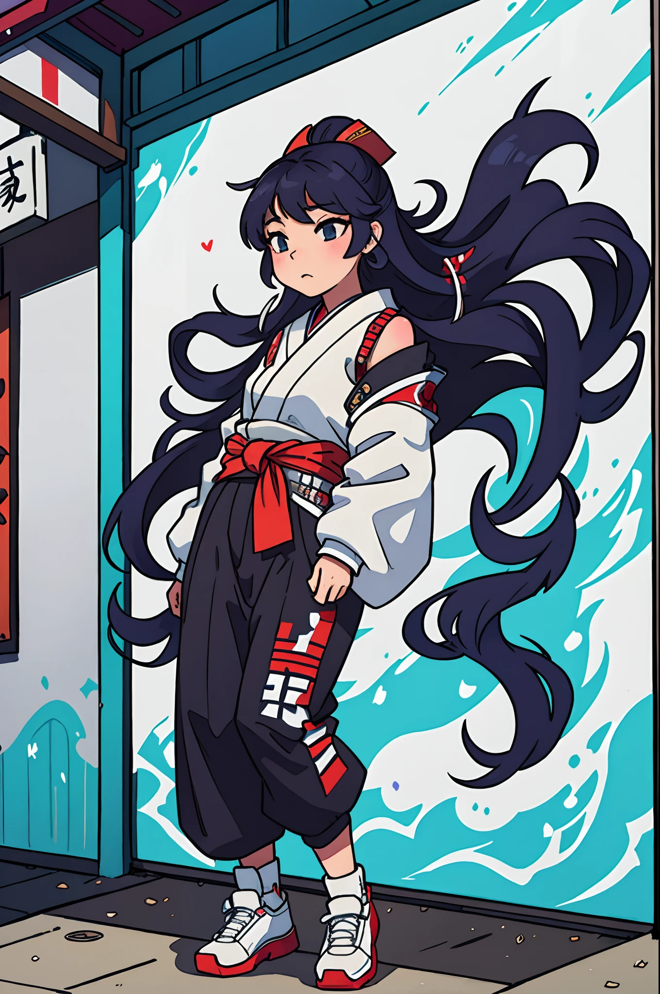 [Kimiyo, torn between her love for tradition and her newfound hip-hop spirit, takes a deep breath and begins to spray-paint a mural on the shrine's outer wall. Her movements are deliberate, and her artistry shines through as she creates a stunning blend of traditional Japanese motifs and modern graffiti.]