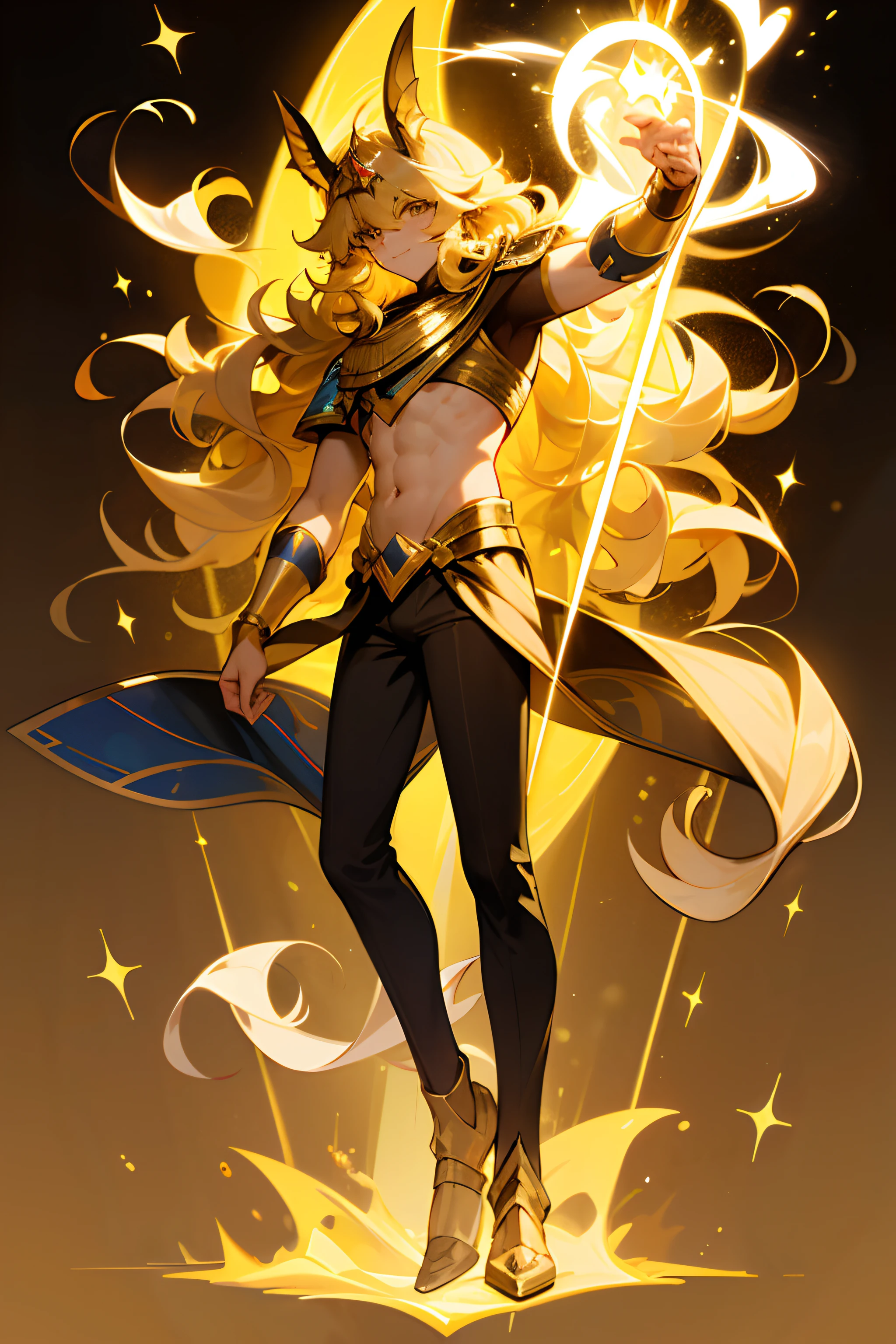 ((full body)) Create a manly man with unique characteristics, inspired by the sign of Leo and the cosmological stars An artistic representation of the essence of this sign, with striking features and a mysterious aura, leave in evidence golden traces of gold and golden lights, yellowish hair like gold and a confident smile Make clear the pride of the sign of Leo in its essence with a long curly and voluminous hair as a representation of the mane, make it in anubis style , it should represent a star guardian , with an suit inspired from the god Anubis in egyptian style .