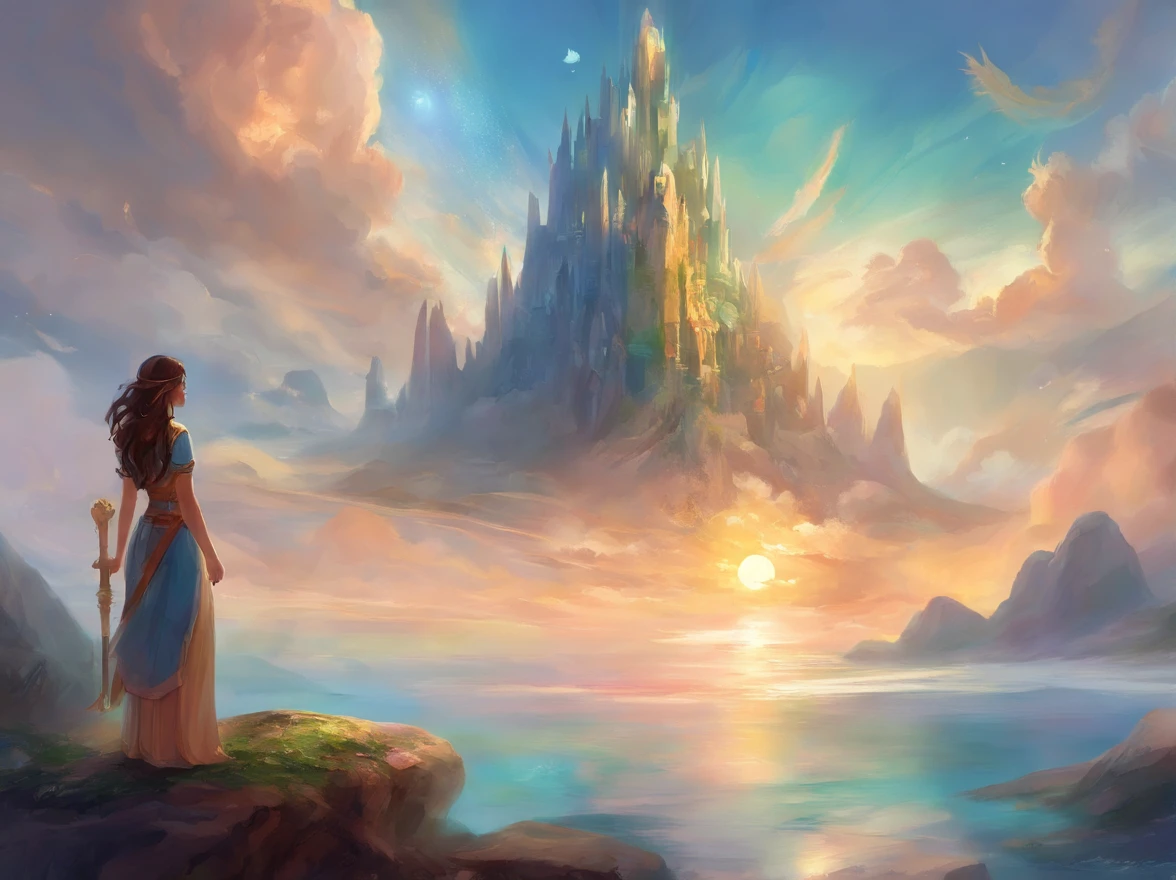 城市(Atlantis) at sea ,Mountains and Rocks Clouds and Sun 1 Girl Looking Up at the Sky