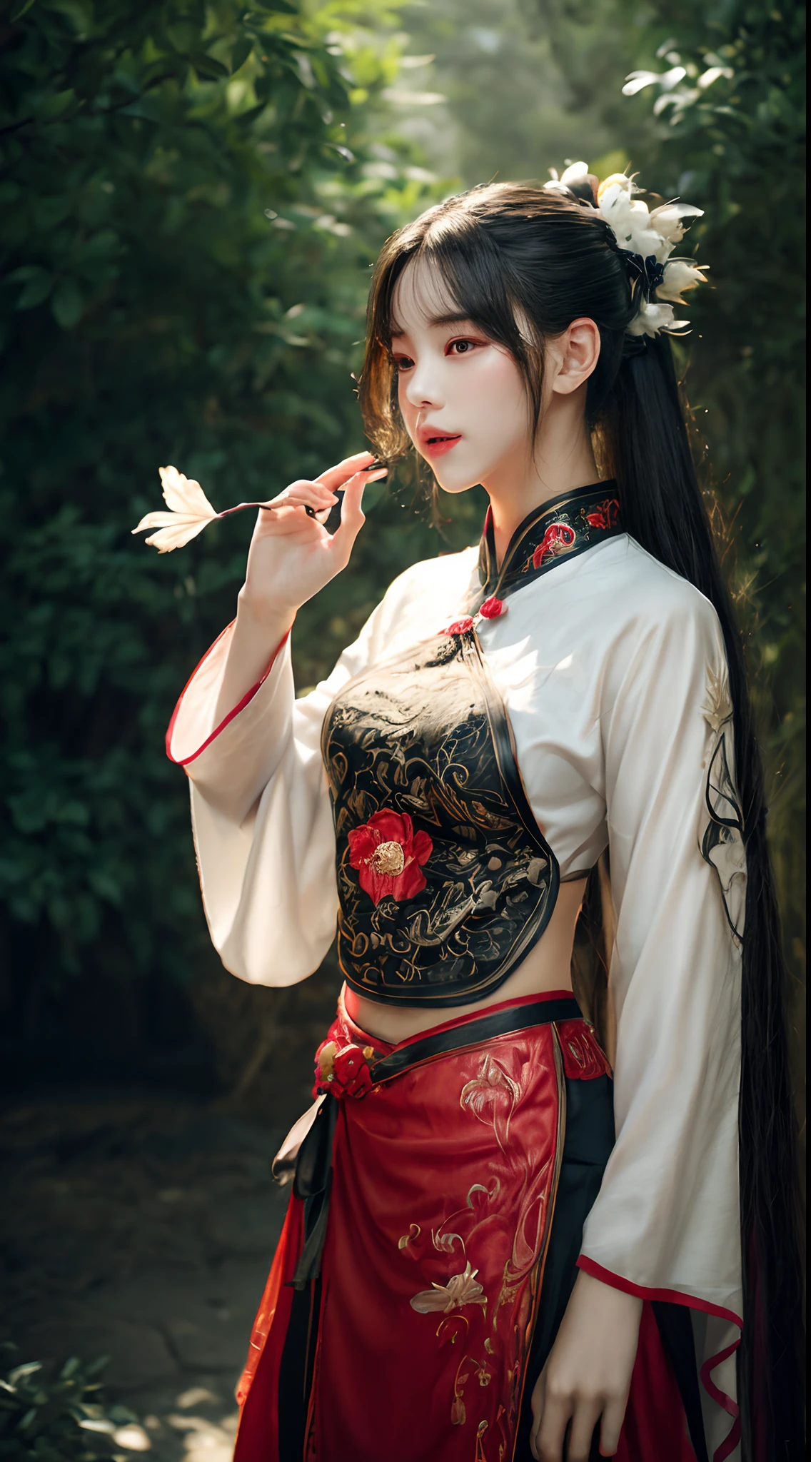 (Best quality,4K,A high resolution,Masterpiece:1.2),Ultra-detailed,Realistic, Black and white Hanfu,Black embroidery, Flowing white ponytail, Long flowing hair, White mask, The mask flutters in the wind, Fringed Hair Ornament, Peony flower, Ancient style, Wide sleeves, Dynamic pose, Dramatic composition, falling flower petals, red waistband, the complex background, Ancient architecture, Misty clouds, Fairy tale background, Swirling clouds, Cinematic lighting.