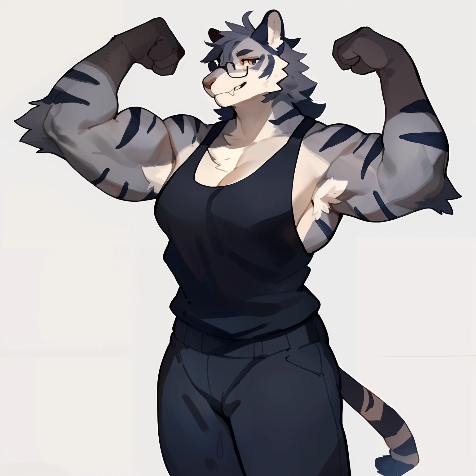 By bigcozyorca, by bebebebebe, by buta99, solo, female, (hair, snout), pantherine, ((muscular, tall)), flexing, biceps, tight tank top, armpit hair, cleavage, smirking, fangs, messy hair, glasses, standing, grey fur, grey body, stripes