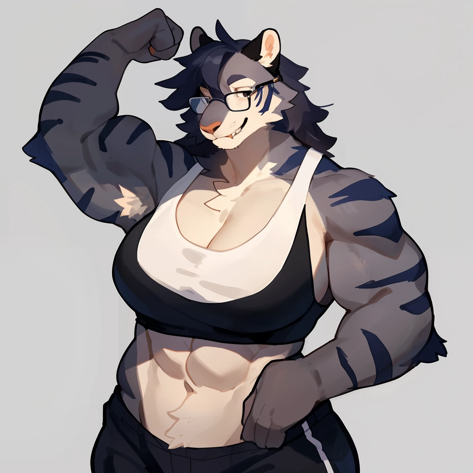 By bigcozyorca, by bebebebebe, by buta99, solo, female, (hair, snout), pantherine, ((muscular, tall)), flexing, biceps, tight tank top, armpit hair, cleavage, smirking, fangs, messy hair, glasses, standing, grey fur, grey body, stripes