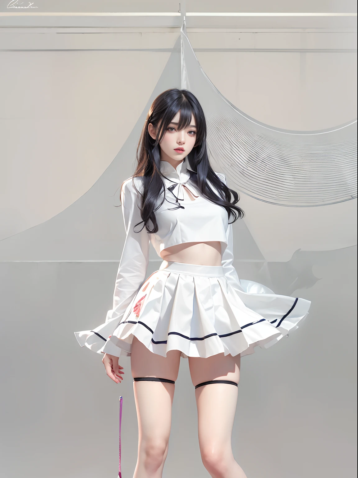 ((masterpiece, best_quality)), 1girl, (photorealistic:1.4), solo, white_background, black_hair, long_hair, zettai_ryouiki, skirt, ((full_body)),