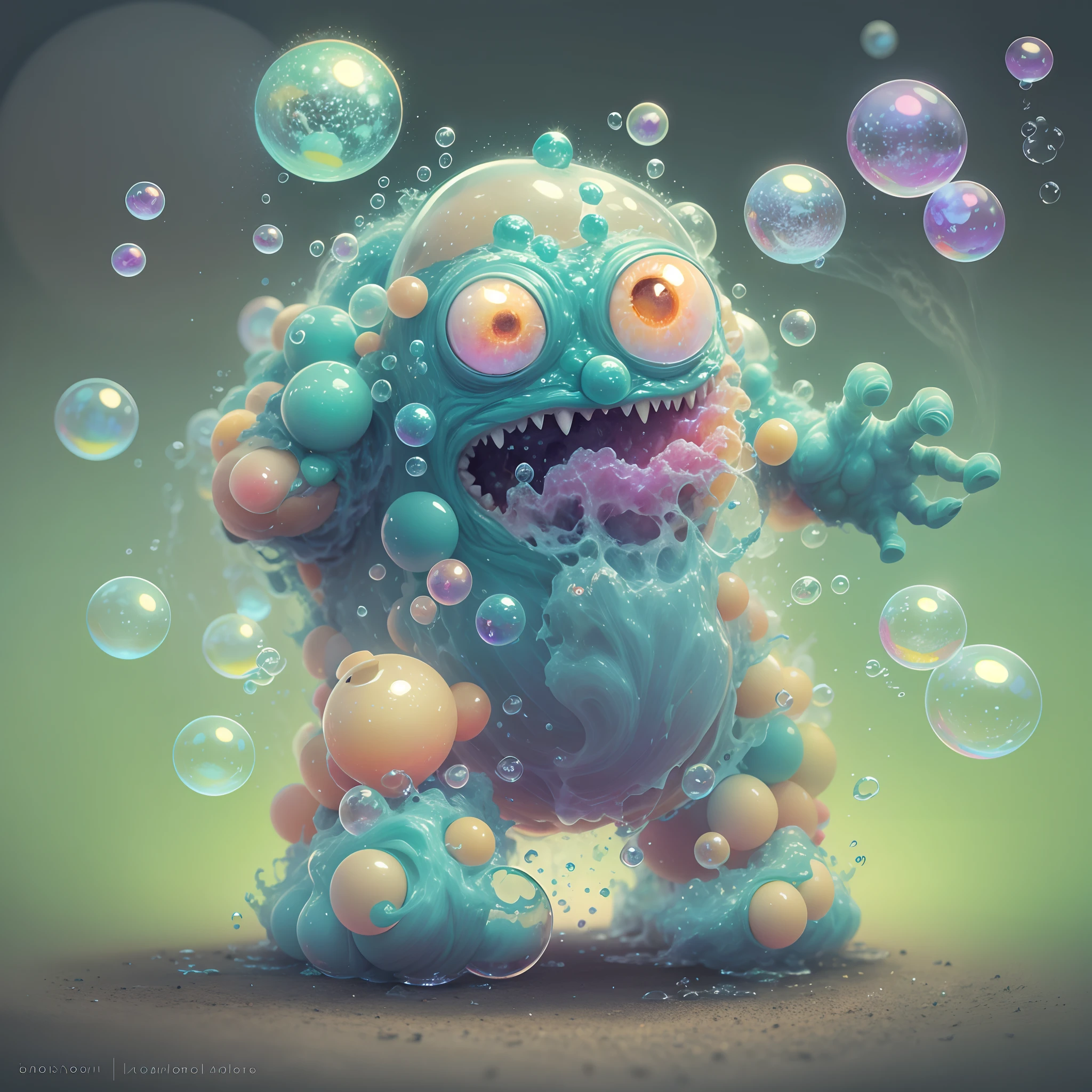Soap Bubble Monster: A monster made of glowing soap bubbles floating in the air. cartoon