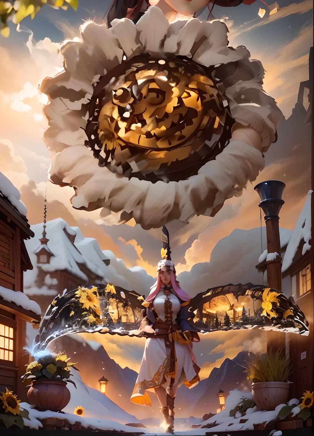 In a very grand scene,The extra-large wide-angle lens captures the appearance of a female centaur。She is a Sunflower Worship nun,Always opposed(Healing smiley face of knitted sunflower puppet😊:99.99)DOA。She is tall,It has the ultimate curvy beauty,The muscles are slender and firm,Beautiful lines。She has(Super huge sky blue eyes:99.99)、always(Wearing sexy glasses:6.66)、(She wears solemn nun attire:9.9)、Stepping on a boot-style skyscraper-heel、A pink cross hangs on his chest。Use Midjourney's advanced tools,Designed for female centaurs(A knitted sunflower puppet and create a super healing cartoon smiley face in the center of the flower tray as a decoration:9.9),and noble and solemn nun costumes,and highlight her unique physiological characteristics and appearance details,Add realism。And in the context of her prayers and listening to confessions,Spectacular views of nature,Such as the sky where storms and sunny days alternate、Brilliant rivers of stars and auroras、The snow-capped summit of Mount Everest、Fireworks in the mountain town, etc。ao mesmo tempo,Away from the hustle and bustle next to the chapel,Create a fantastic scene。Use Midjourney's advanced tools and multiple color palettes、Brush Strokes、Texture tools and model packages,It shows a sense of atmosphere where beauty and charm coexist。The charm of the female centaur is highlighted through color and lines,Enhance realism with detailing,Create a surreal dreamy feeling。Additionally,Use Midjourney's tools to add various exorcism props and books to the female centaur、pergaminhos,Create intricate hairstyles and outfits,Give her a sense of premium。She never flinches,No matter what monster you encounter,can respond quickly,Even the most extreme armies of natural disasters and monsters could not stop her and her front(Sunflower with Tyndall effect that emits sunlight9.99)。Use Midjourney's powerful tools,You can do it with incredible detail and beauty,Bring this ultra-grand and beautiful scene to life。Ultra-grand scenes,s