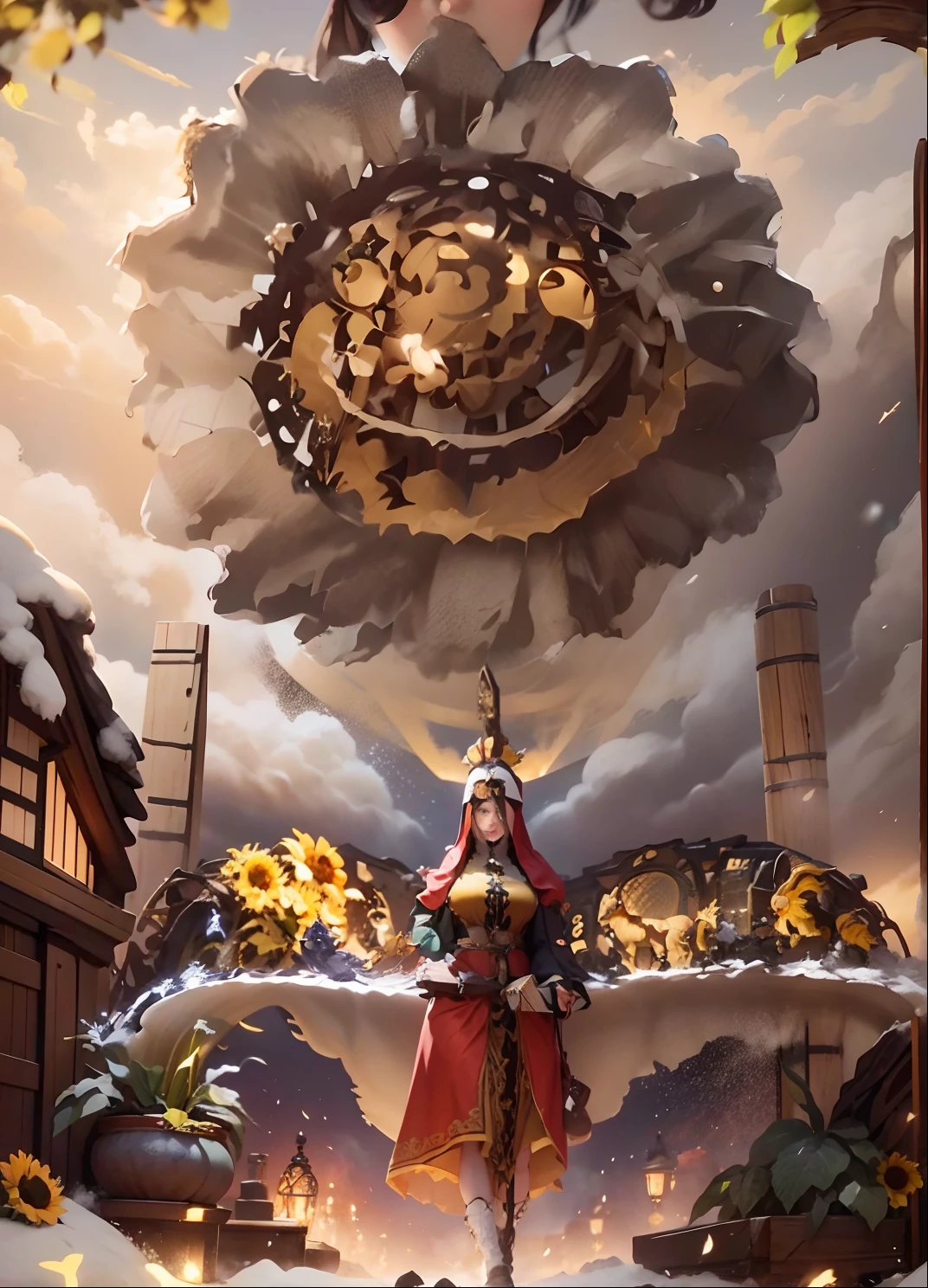 In a very grand scene,The extra-large wide-angle lens captures the appearance of a female centaur。She is a Sunflower Worship nun,Always opposed(Healing smiley face of knitted sunflower puppet😊:99.99)DOA。She is tall,It has the ultimate curvy beauty,The muscles are slender and firm,Beautiful lines。She has(Super huge sky blue eyes:99.99)、always(Wearing sexy glasses:6.66)、(She wears solemn nun attire:9.9)、Stepping on a boot-style skyscraper-heel、A pink cross hangs on his chest。Use Midjourney's advanced tools,Designed for female centaurs(A knitted sunflower puppet and create a super healing cartoon smiley face in the center of the flower tray as a decoration:9.9),and noble and solemn nun costumes,and highlight her unique physiological characteristics and appearance details,Add realism。And in the context of her prayers and listening to confessions,Spectacular views of nature,Such as the sky where storms and sunny days alternate、Brilliant rivers of stars and auroras、The snow-capped summit of Mount Everest、Fireworks in the mountain town, etc。ao mesmo tempo,Away from the hustle and bustle next to the chapel,Create a fantastic scene。Use Midjourney's advanced tools and multiple color palettes、Brush Strokes、Texture tools and model packages,It shows a sense of atmosphere where beauty and charm coexist。The charm of the female centaur is highlighted through color and lines,Enhance realism with detailing,Create a surreal dreamy feeling。Additionally,Use Midjourney's tools to add various exorcism props and books to the female centaur、pergaminhos,Create intricate hairstyles and outfits,Give her a sense of premium。She never flinches,No matter what monster you encounter,can respond quickly,Even the most extreme armies of natural disasters and monsters could not stop her and her front(Sunflower with Tyndall effect that emits sunlight9.99)。Use Midjourney's powerful tools,You can do it with incredible detail and beauty,Bring this ultra-grand and beautiful scene to life。Ultra-grand scenes,s