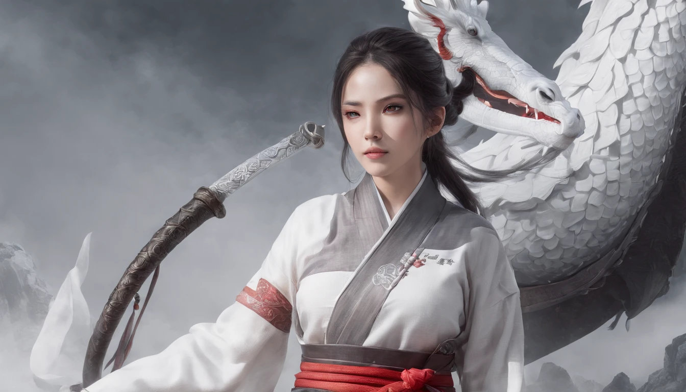 Cirilla Fiona Elen Riannon,动态照明,art stations,poster for,Volumetriclighting,Very detailed faces,4k wallpapers,He has a delicate and beautiful face,long hair flowing,horse tailed,Fringed Hair Ornament,Dynamic perspective,White Hanfu,White gauze flying,red waistband,Sexy,Tradition Chinese Ink Painting,Surrounded by clouds,fog atmosphere,Ride a white dragon,katana swords,White dragon horn,dynamic viewing angle,电影灯光