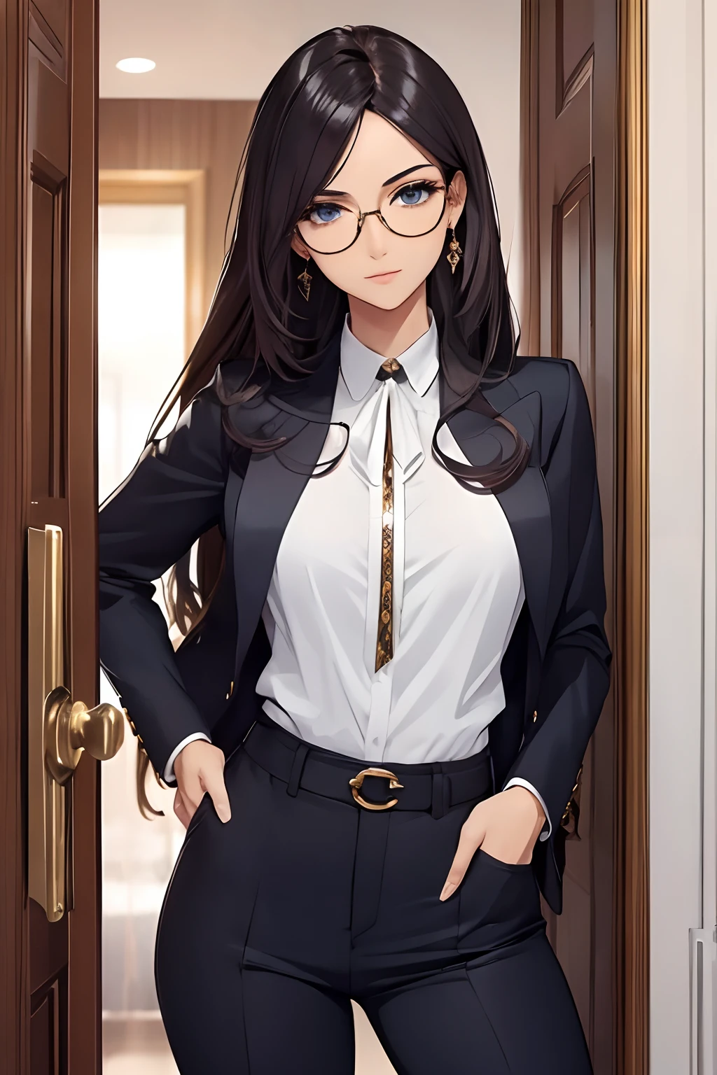 (masterpiece, best quality:1.2), detailed face, detailed eyes, elegant woman, long hair, high heeled,shiny skin,welcomes you at the door, Shirt, pants,random colar, ponitail hair,cool attitude,cool glasses,exciting,cool, perfect hand:1