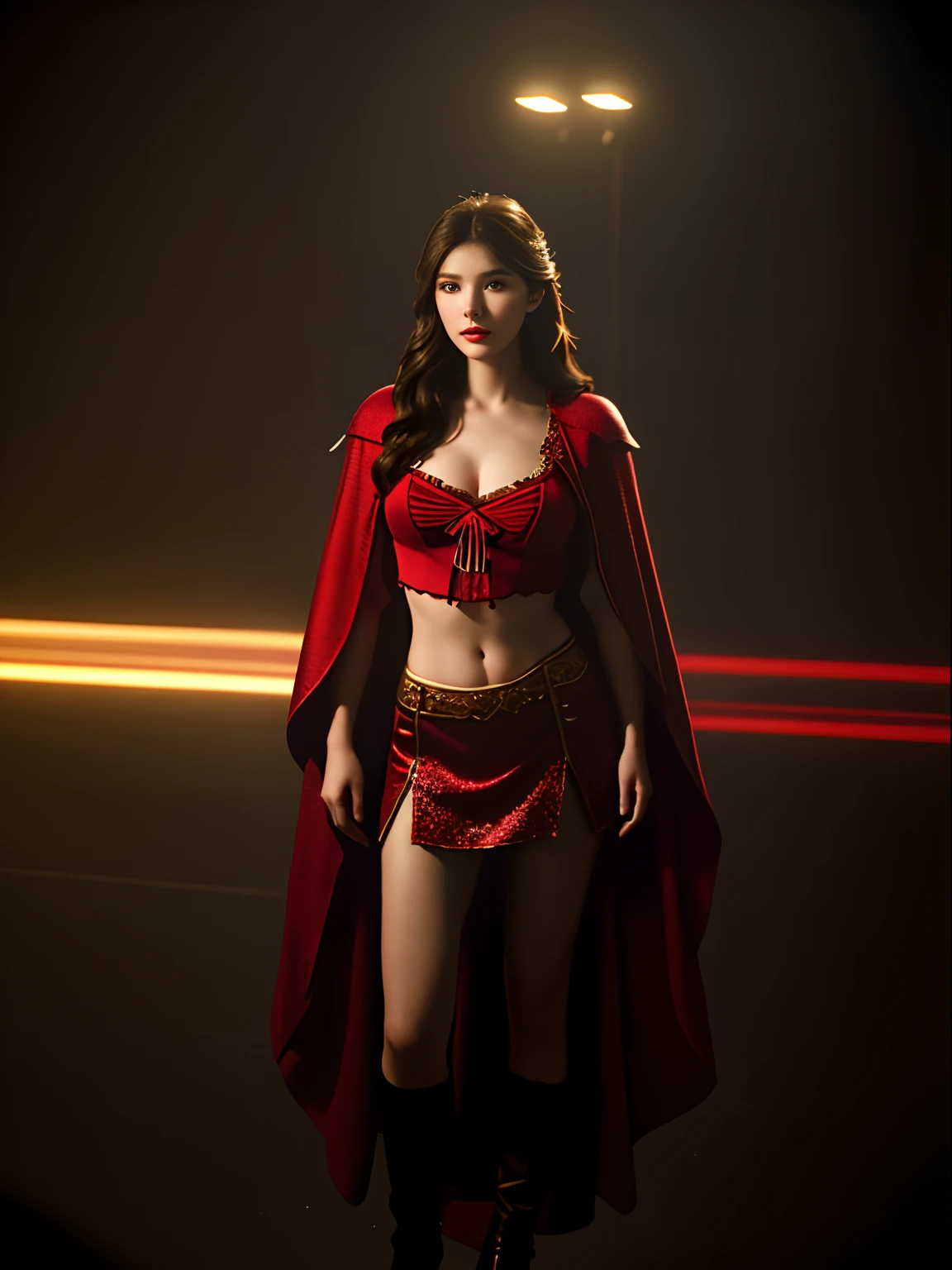 tmasterpiece, best qualtiy, hyper realisitc, Cinematic lighting effects, Extremely beautiful young lady,Full body photo, Light makeup,big breast, Intricate details eaba,Medium shot, red capelet,ultra - detailed,