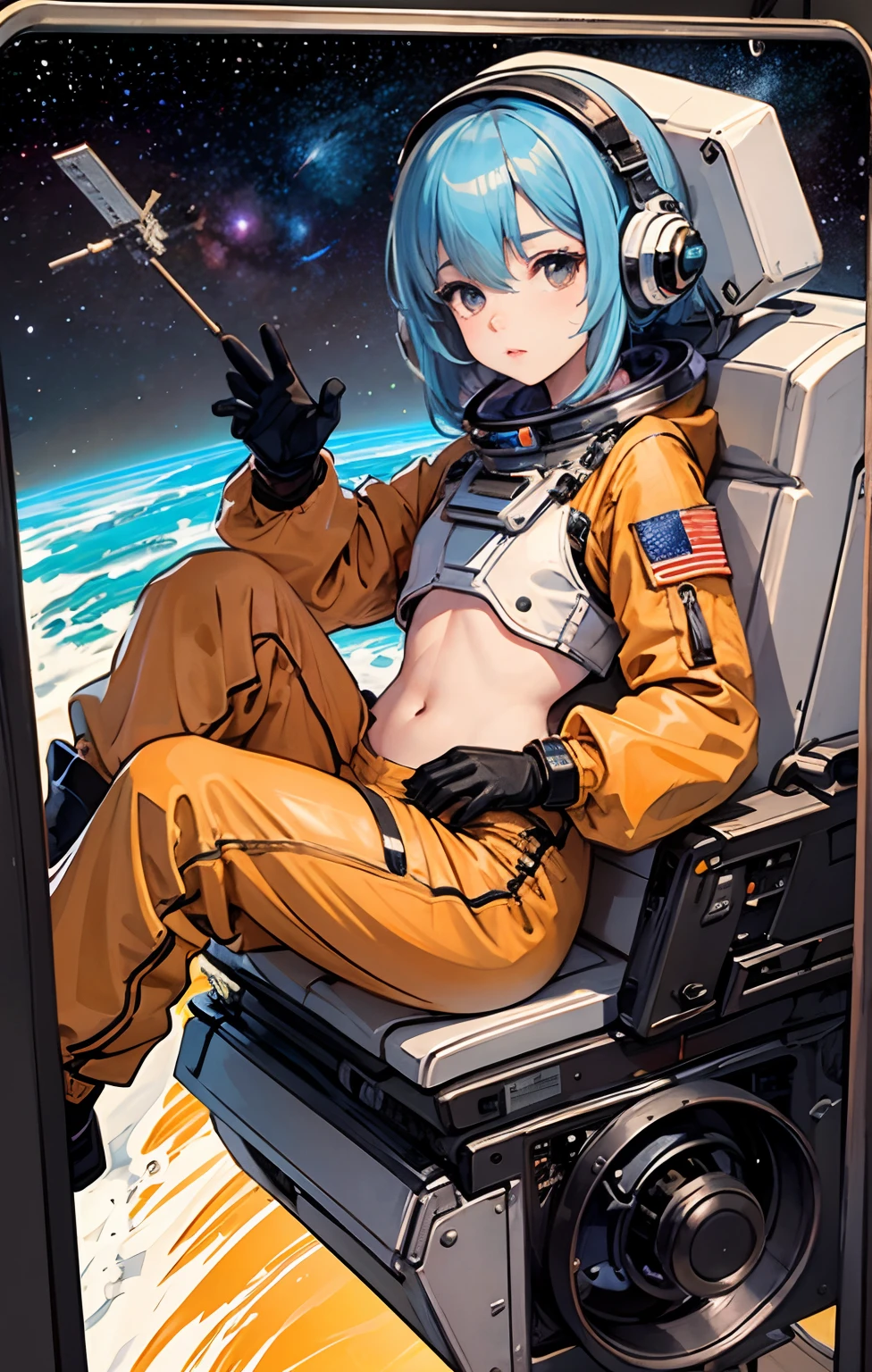 Girl in blue bikini sitting on the surface of the moon with a space helmet