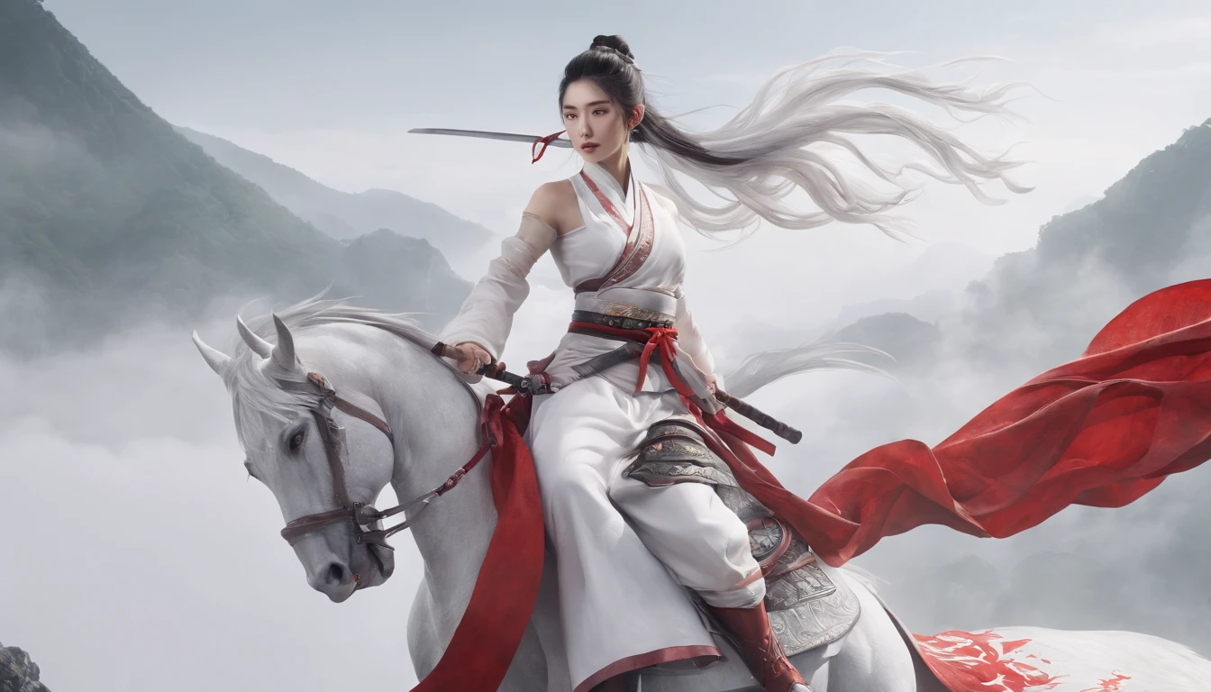 Cirilla Fiona Elen Riannon,动态照明,art stations,poster for,Volumetriclighting,Very detailed faces,4k wallpapers,He has a delicate and beautiful face,long hair flowing,horse tailed,Fringed Hair Ornament,Dynamic perspective,White Hanfu,White gauze flying,red waistband,Sexy,Tradition Chinese Ink Painting,Surrounded by clouds,fog atmosphere,Ride a white dragon,katana swords,White dragon horn,dynamic viewing angle,电影灯光