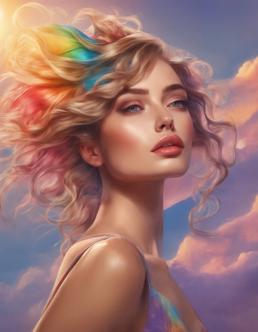 A beautiful girl, windy, detailed rainbow in a sunset, sunbeams, from behind