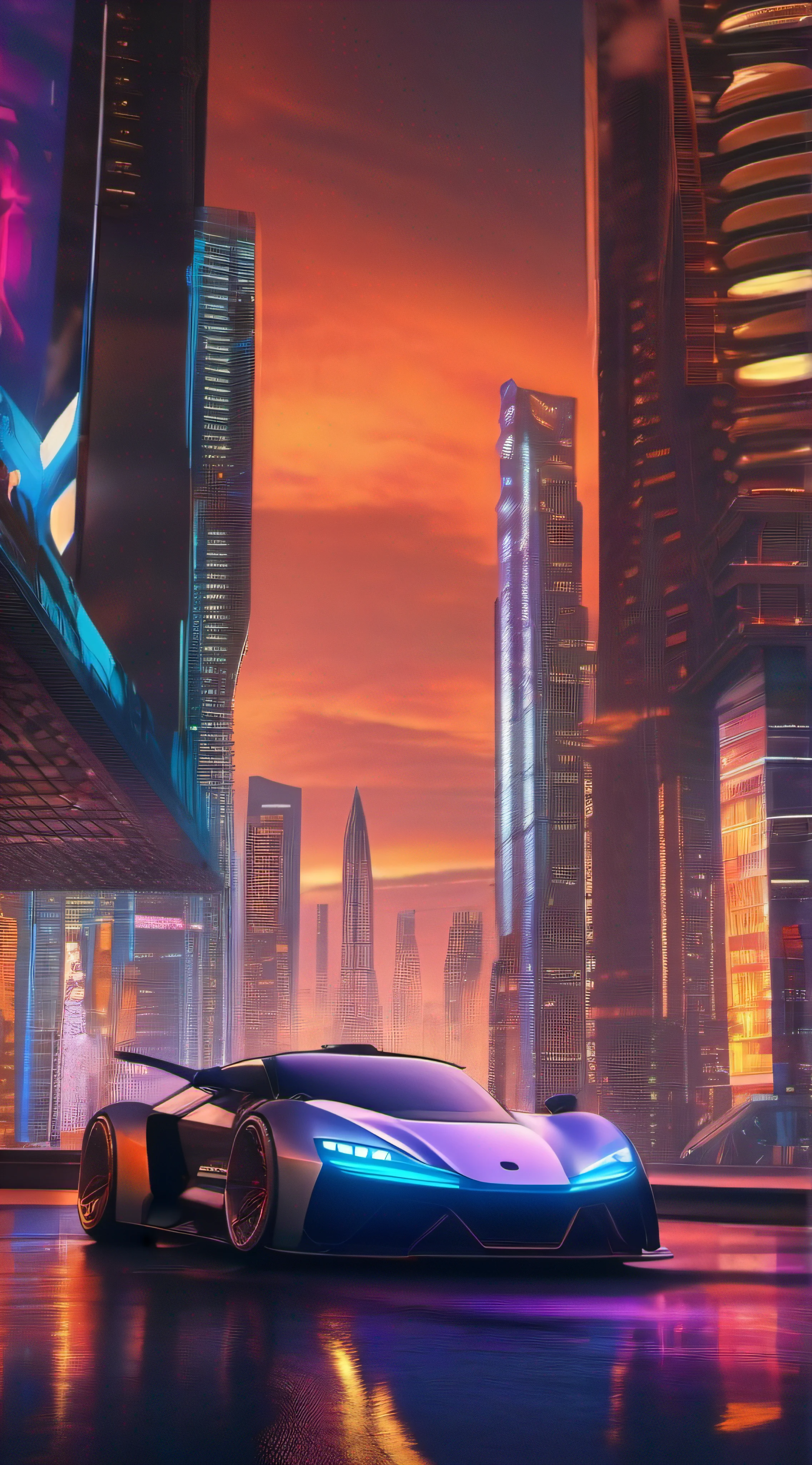 best quality, hyper detailed, masterpiece, UHD, cyberpunk hyper-car, lit up, bright city background, carbon fiber accents