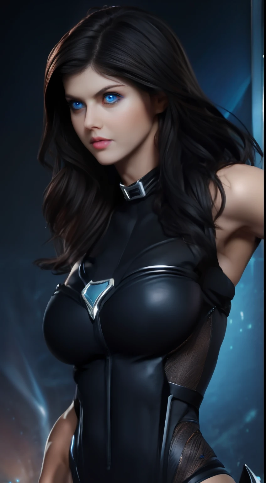 Sexy superheroine shoulder length black hair glowing blue eyes wears a black outfit silver shoulder pads silver bracelets revealing abs midriff a Z symbol on her chest portrait photography by artgerm, in the style of realism, glistening skin,, natural lighting, Defined full lips. Muscular fitness feminine body full body