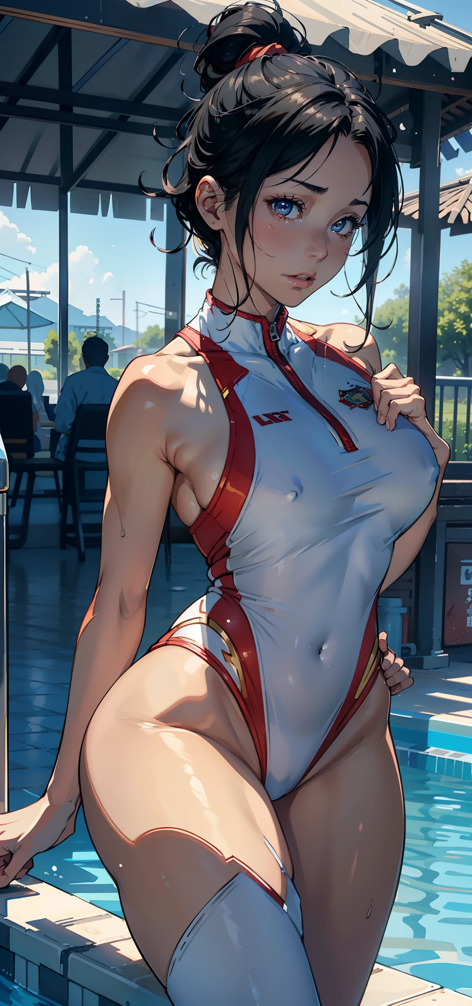 1female,41 years old,熟妇,A MILF,mature,plumw,extremely large bosom ,Pornographic exposure, 独奏,(Background with:grassy fields,Swimming pool) She has short black hair,bobo head,Station,seen from the front, hair straight, mostly cloudy sky,(((tmasterpiece),(Very detailed CG unity 8K wallpaper),best qualtiy,cinmatic lighting,detailed back ground,beatiful detailed eyes,Bright pupils,(Very fine and beautiful),(Beautiful and detailed eye description),ultra - detailed,tmasterpiece,)),facing at camera,A high resolution,ultra - detailed),revealing breasts,Bare genitalia, Bulge,legs are open,Raised sexy,Camel toes,Flushed complexion,Open-mouthed,frontage,athlete,(Wearing:swimming uniform,Iron Man Mech)
