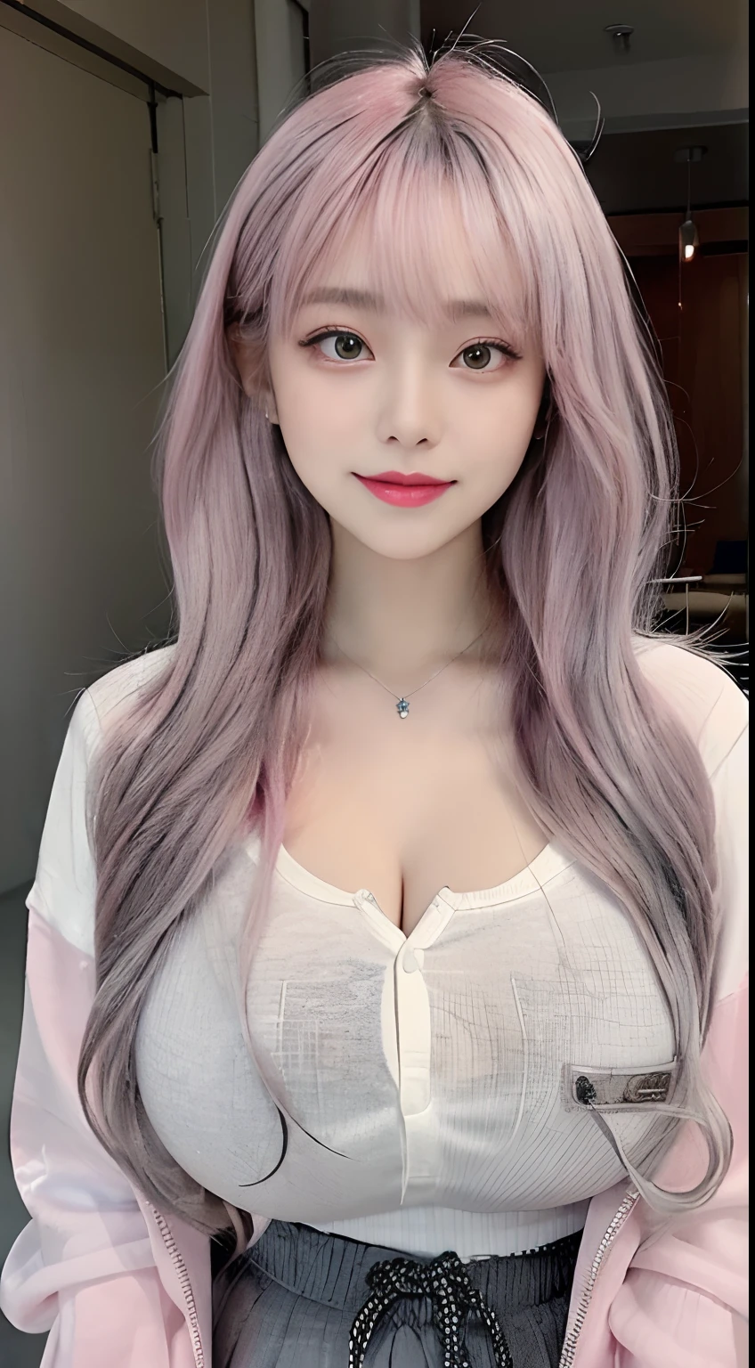 ((top-quality、8K、masterpiece:1.3))、(Japanese high school students:1.1)、full body Esbian、1人、Beautiful woman with slender abs:1.3、(Gigantic breasts:1.6), hyper detailed face、Very white skin、二重まぶた、A cute smile, yellow eyes, tall, ribbon headband, diamond necklace, ((silver hair, pink hair, Gradient hair:1.2, bangs)), cold face, breasts exposed (naked breasts), pleated school skirt:1.2, nipple erection, bedroom background, (From above), close up, pov paizuri, self breast grab, irezumi tattoo style, ttaatttooo.