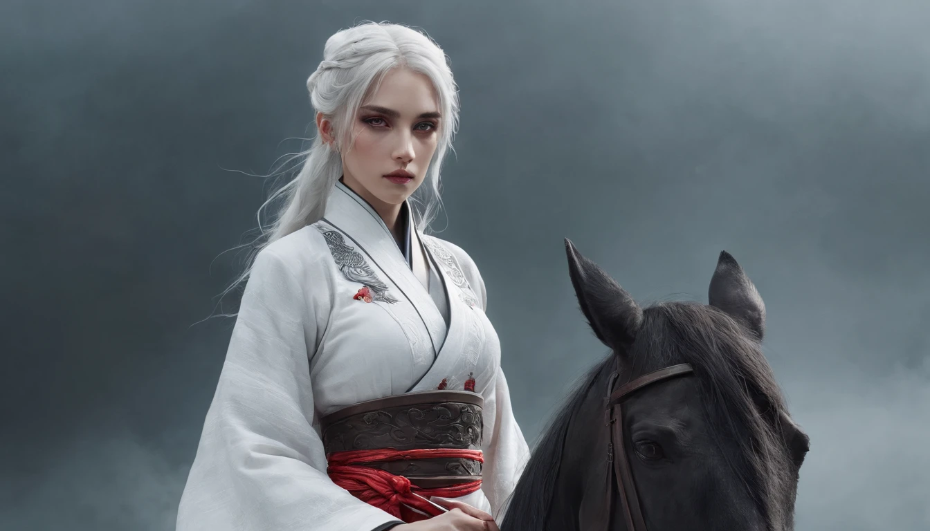 Cirilla Fiona Elen Riannon,动态照明,art stations,poster for,Volumetriclighting,Very detailed faces,4k wallpapers,He has a delicate and beautiful face,long hair flowing,horse tailed,Fringed Hair Ornament,Dynamic perspective,White Hanfu,White gauze flying,red waistband,Sexy,Tradition Chinese Ink Painting,Surrounded by clouds,fog atmosphere,Ride a white dragon,White dragon horn,dynamic viewing angle,电影灯光