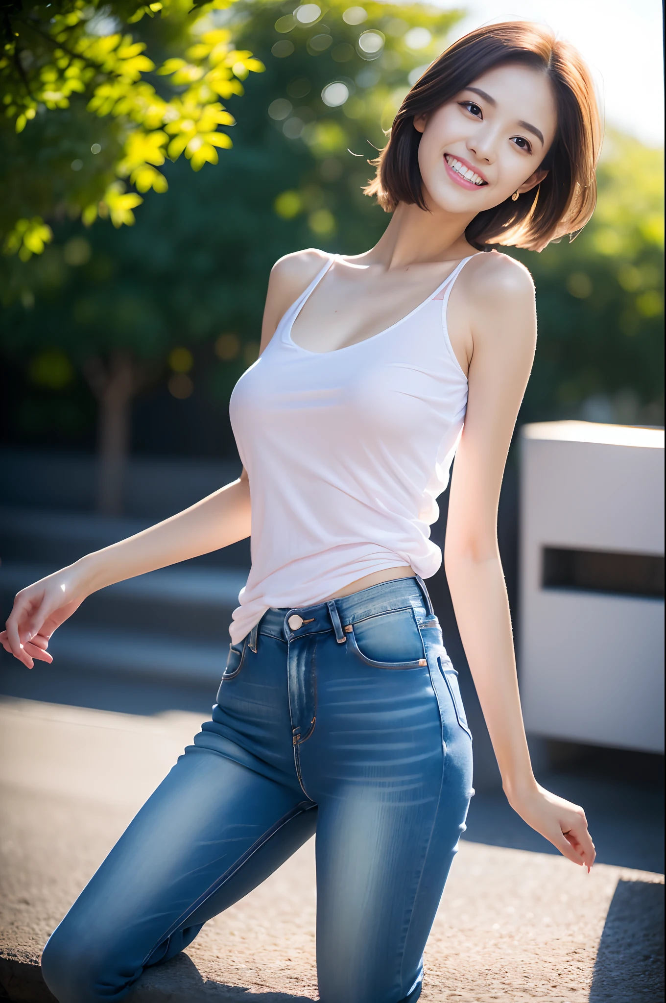 （超高分辨率，RAW photogr，8K,k hd，Best quality，tmasterpiece:1.5），（Complicated details，realisticlying），1 very beautiful woman, age 22, Solo, A high resolution, Extremely detailed face, (Professional lighting，Bokeh），（light particules，lens flare glow，Luminous Particle：0.6），gentlesoftlighting，Trendy atmosphere，jpn，the street，Stylish short hair，bobo head， A brown-haired, Hair is delicate and soft，Fluttering, cparted lips, lipsticks, Seductive smile, ssmile, Open-mouthed, teeth, There are small dimples，White swan neck，Shave your shoulders, Bigchest，（Petite，Golden ratio figure），Wear one（blue gray）（tight-fitting，Slim fit，Fit snugly to the body）Sweaters, (Wash blue）（Fashion jeans),（detailed outfits:1.5）， 二重まぶた，long eyelasher, birthmark, (Moles under eyes: 1), Big breasts Thin waist，Small beautiful buttocks，The calves are well-proportioned, slenderness:1.2，A pair of small white and tender jade feet，Beautiful toes:1.5，Wear branded fashion sandals:1.0，（boldness，disturb，Playful and beautiful pose，Raised sexy，seductiv），Female-centered focus photography，The waist and crotch are the focus，Broad lighting，naturalshadow，wide wide shot，close focus，shooting full body:1.8,fully body photo:1.8