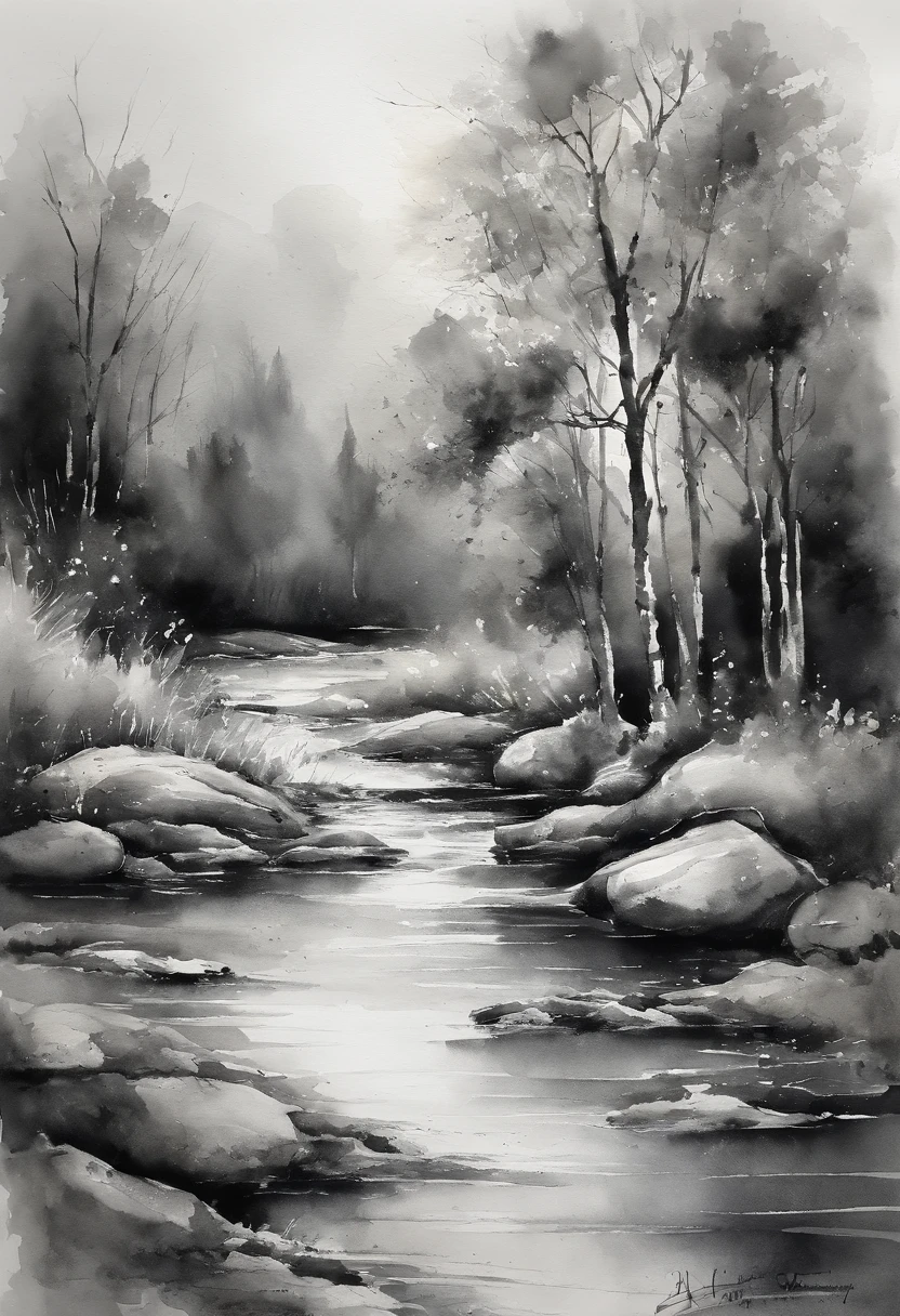 Black and white landscape watercolor