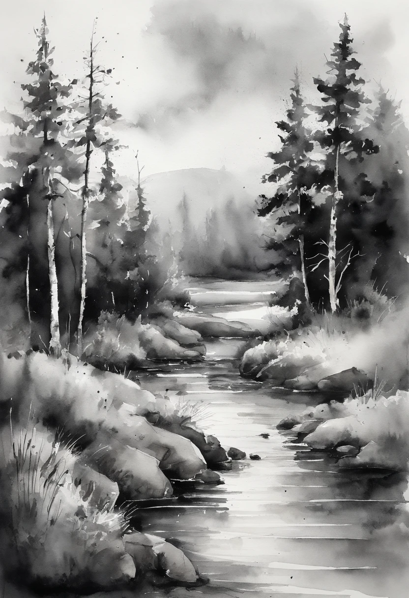 Black and white landscape watercolor