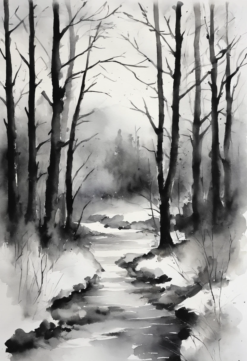 Black and white landscape watercolor