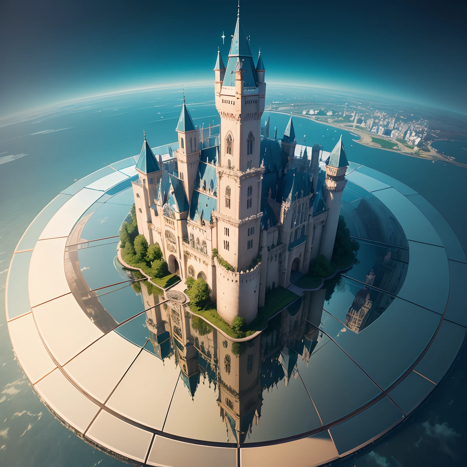 A world created by mirrors,A castle made of mirrors,Mirrors,Water surface mirror,morning glow,Overflowing with glass,Sky City Plug,dazzling,blanche,crystal clear,cleanness