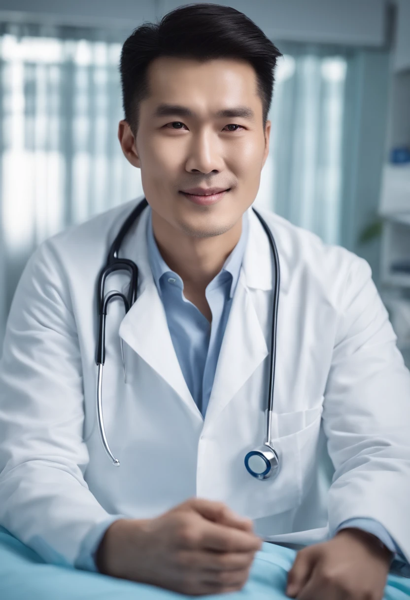 Handsome and confident Chinese man, doctor, in the hospital bed to the patient teeth, behind the words of 微笑派, wearing a white coat