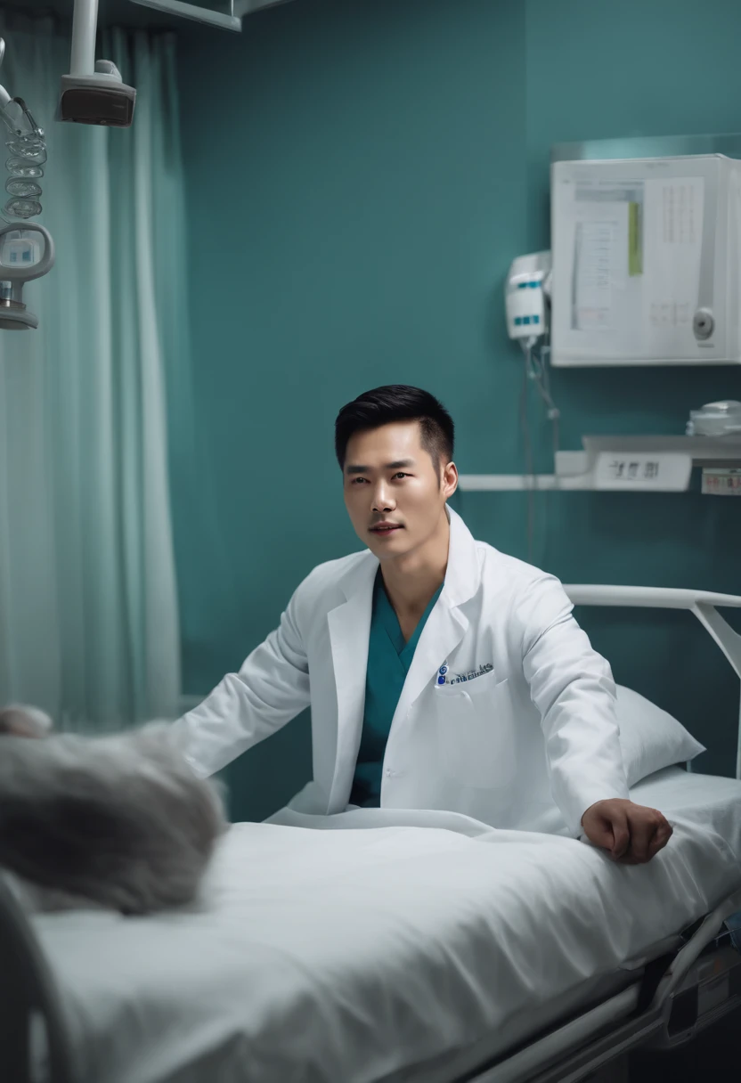 Handsome and confident Chinese man, doctor, in the hospital bed to the patient teeth, behind the words of 微笑派, wearing a white coat