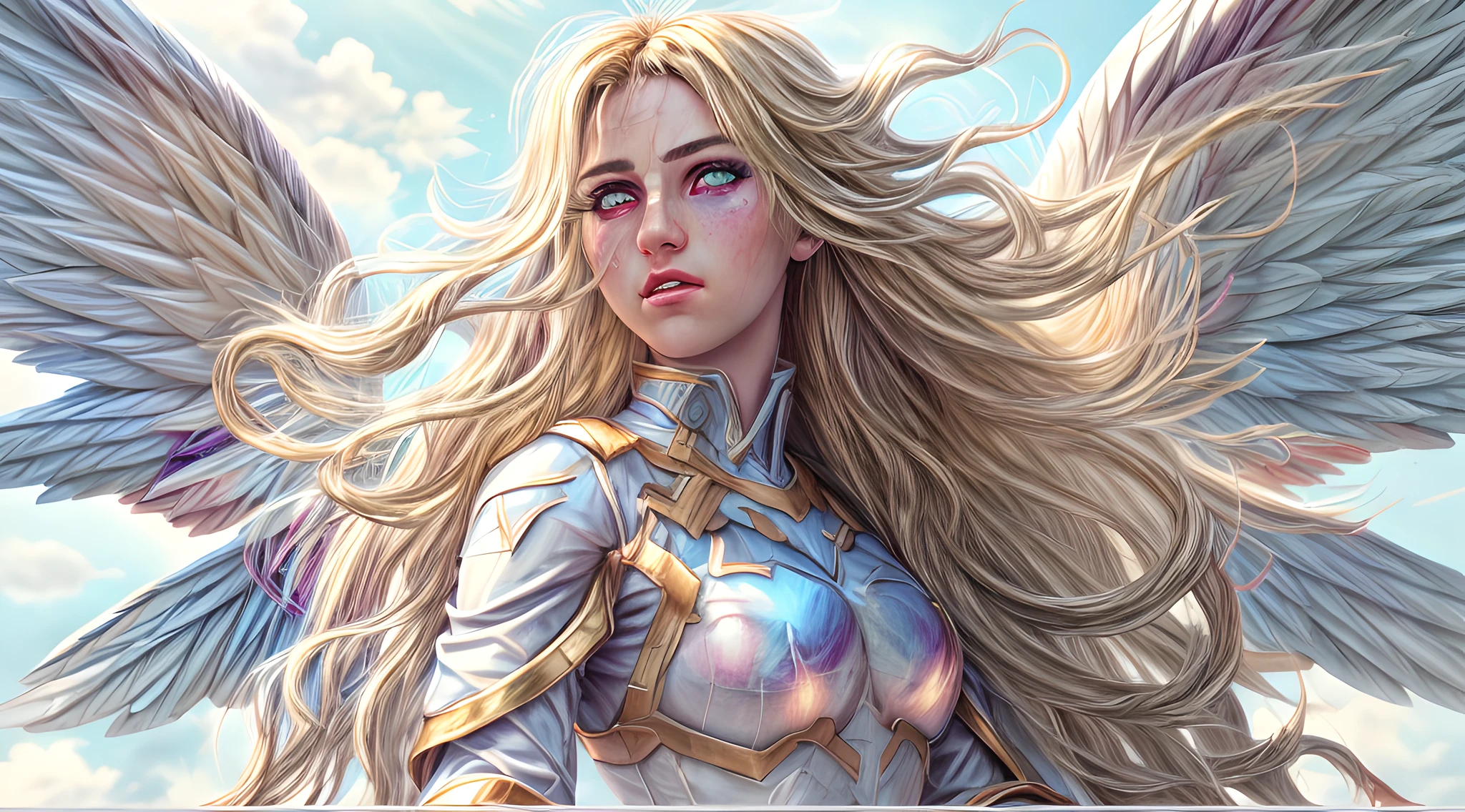 high details, best quality, 16k, [ultra detailed], masterpiece, best quality, dynamic angle, ultra wide shot, RAW, photorealistic, fantasy art, realistic art, a picture of an archangel flying in a the sky between the clouds, fantasy art, RPG art, a full distance shot, full body, an epic beautiful female archangel, blond hair, long hair, (wavy hair: 1.2), (blue eyes: 1.2), intense eyes (best detailed face: 1.3), (ultra feminine: 1.3) spread wings (rainbow colored wings: 1.5) wearing heavy armor, (with glowing divine sigils: 1.2), light clouds in the background, a n epic (rainbow: 1.5) between the clouds, 16k, ultra detailed, masterpiece, best quality, ultra detailed, full body, ultra wide shot, photorealistic,