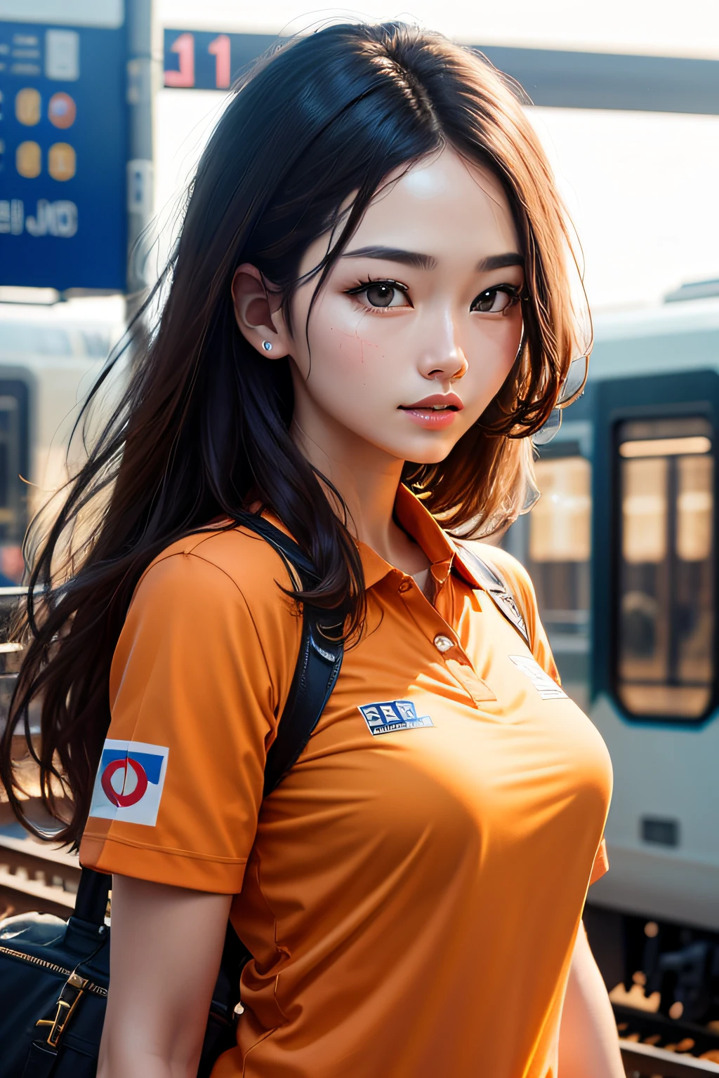 photograph of-realistic (1 cute Korean star) flipped hair, thin makeup, medium breasts size, Orange polo shirt, At the train station, clear facial features of Canon EOS, 16k, high resolution, sharp and realistic details,  Overexposure, cut-in, hyper HD, A high resolution, Best quality