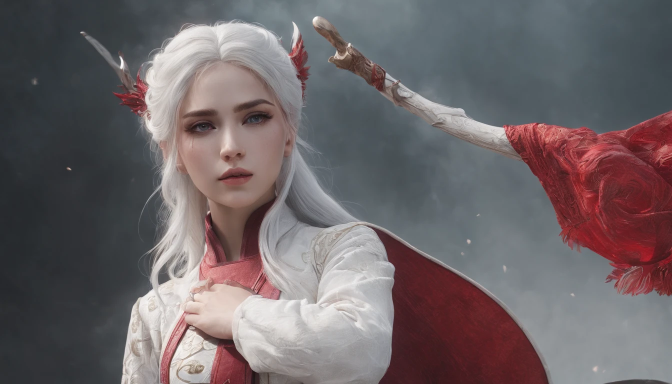 Cirilla Fiona Elen Riannon,动态照明,art stations,poster for,Volumetriclighting,Very detailed faces,4k wallpapers,He has a delicate and beautiful face,long hair flowing,horse tailed,Fringed Hair Ornament,Dynamic perspective,White Hanfu,White gauze flying,red waistband,Sexy,Tradition Chinese Ink Painting,Surrounded by clouds,fog atmosphere,Ride a white dragon,White dragon horn,dynamic viewing angle,电影灯光
