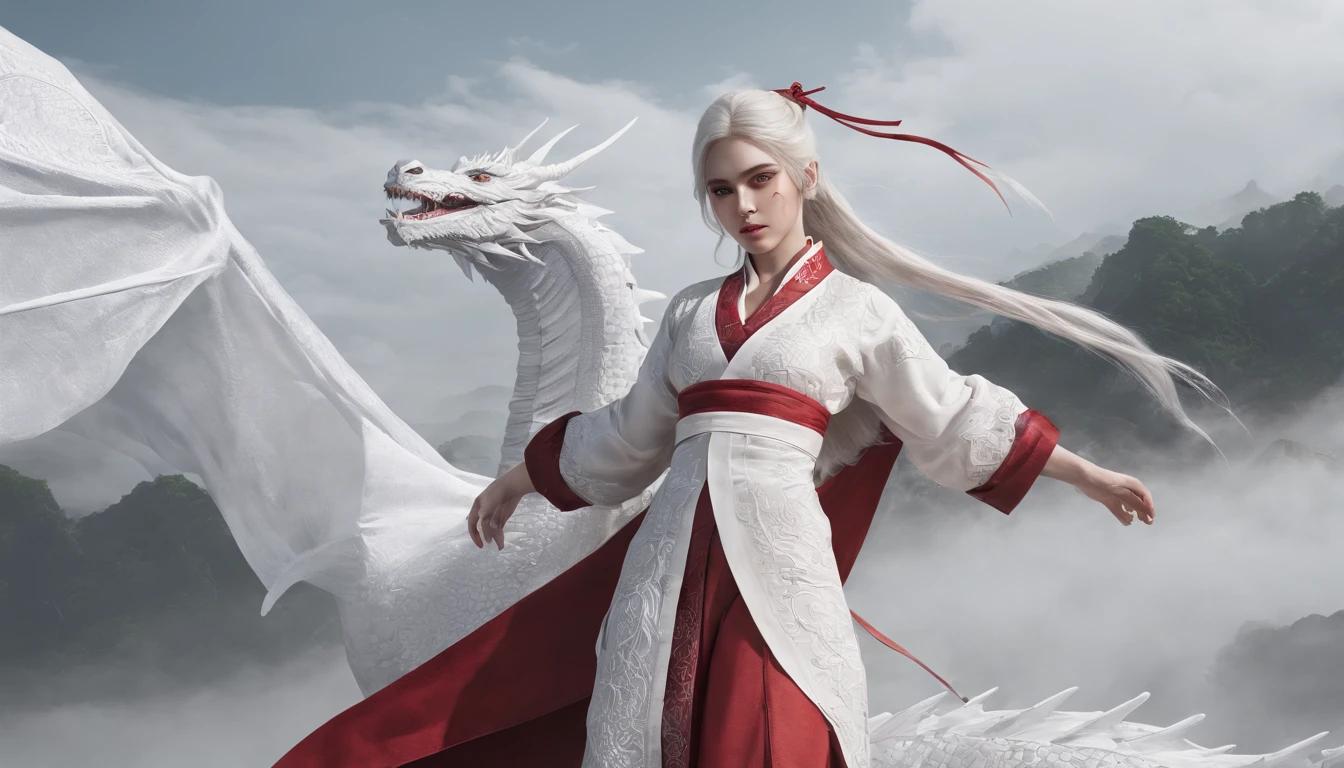 Cirilla Fiona Elen Riannon，动态照明，art  stations，poster for，Volumetriclighting，Very detailed faces，4k wallpapers，He has a delicate and beautiful face，long hair flowing，horse tailed，Fringed Hair Ornament，Dynamic perspective，White Hanfu，White gauze flying，red waistband，Sexy，Tradition Chinese Ink Painting，Surrounded by clouds，fog atmosphere，Ride a white dragon，White dragon horn，dynamic viewing angle，电影灯光